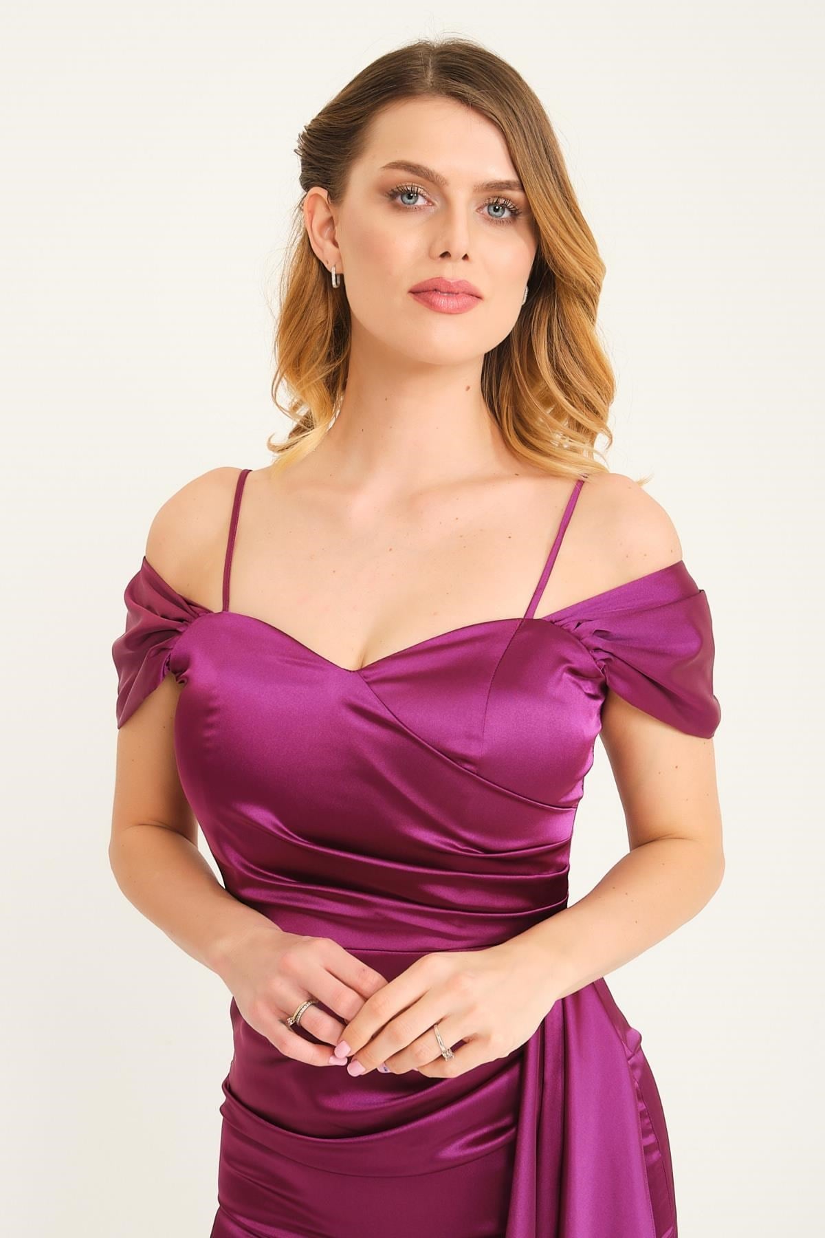 Mürdüm Yandan Drapeli Kısa Abiye Elbise Abiye P-0000009624-MÜRDÜMMRD44