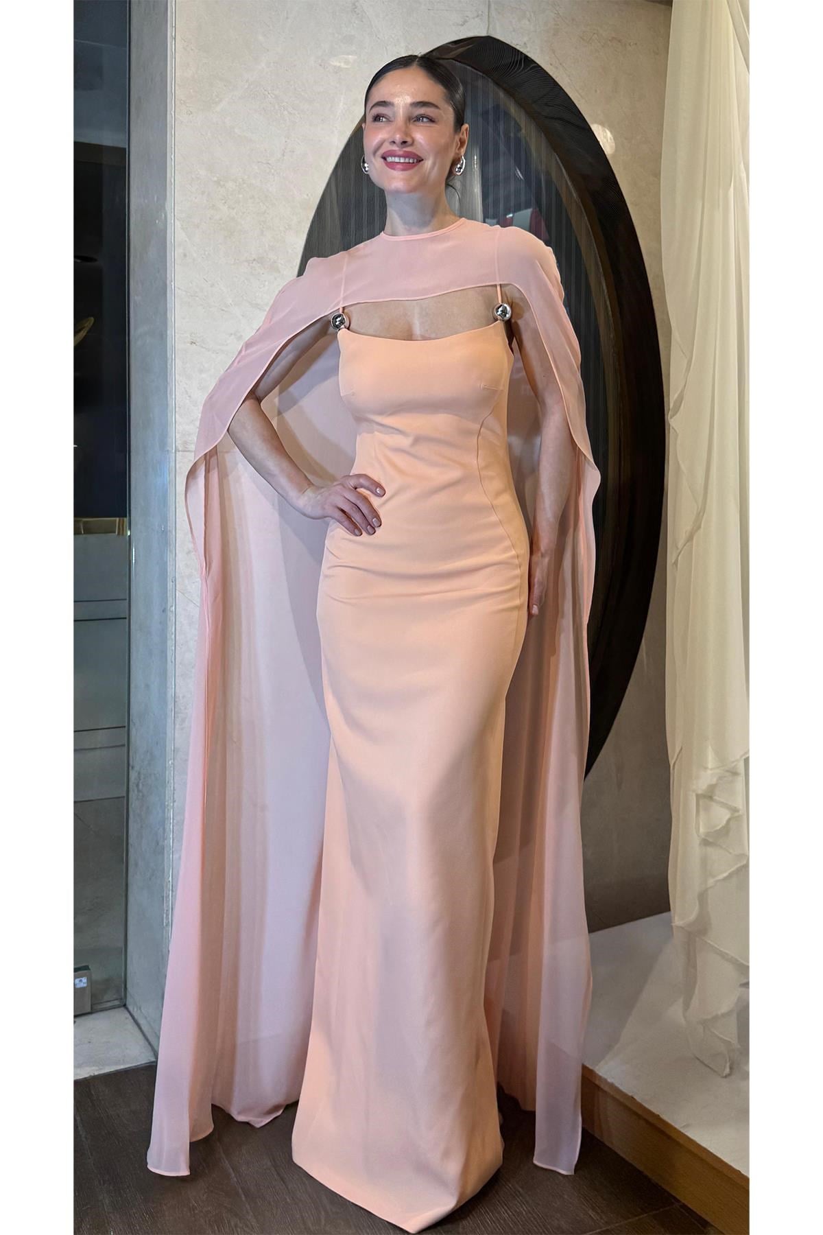 Oranj Şifon Pelerinli Krep Abiye Abiye P-0000017901-ORANJORJ42