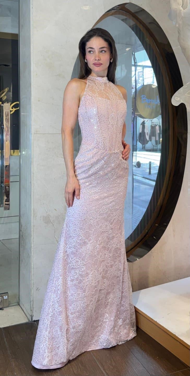 Pudra Halter Yaka Payet İşlemeli Dantel Abiye Abiye P-0000019197-PUDRAPDR36