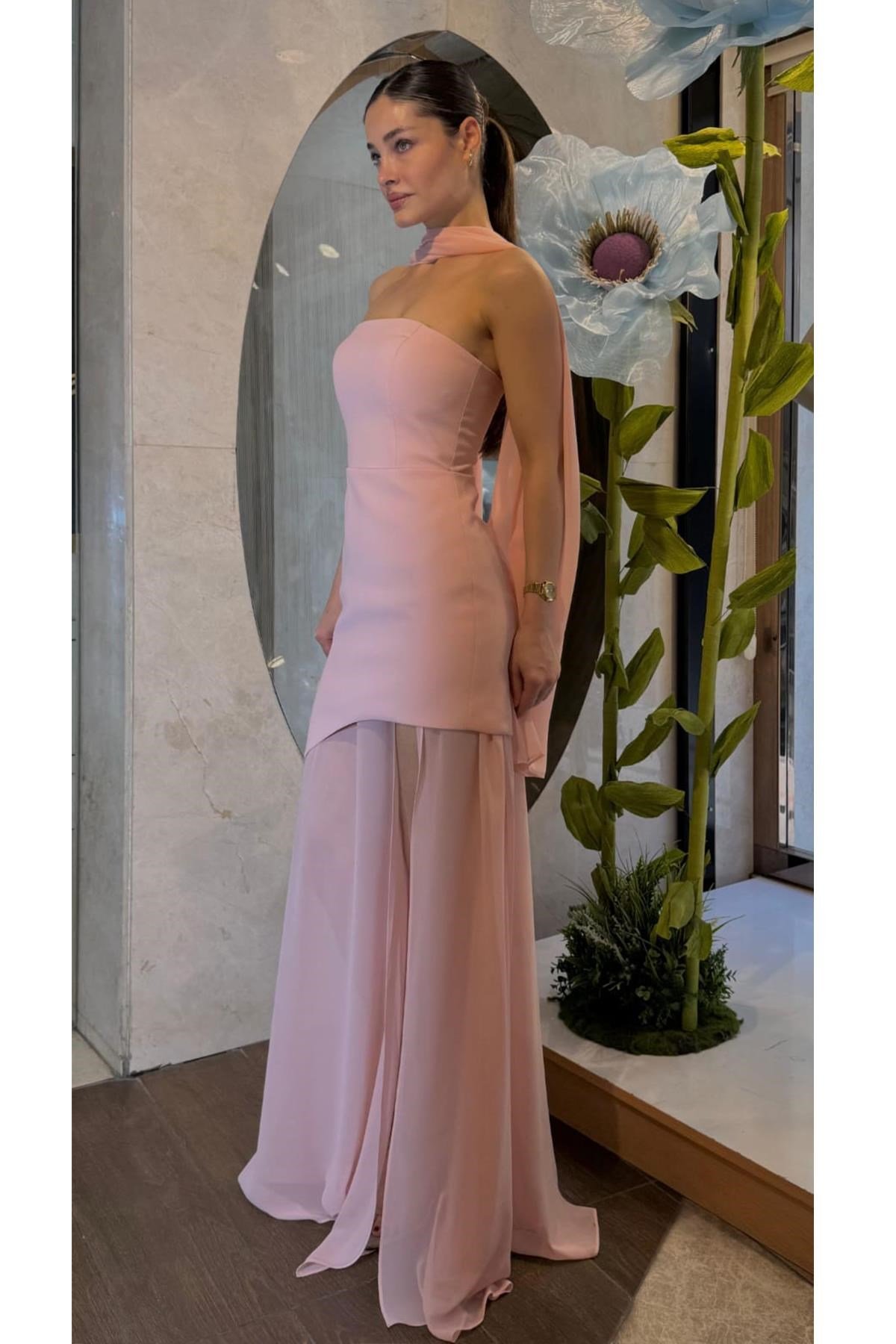 Pudra Şal Detaylı Straplez Abiye Abiye P-0000016304-PUDRAPDR36