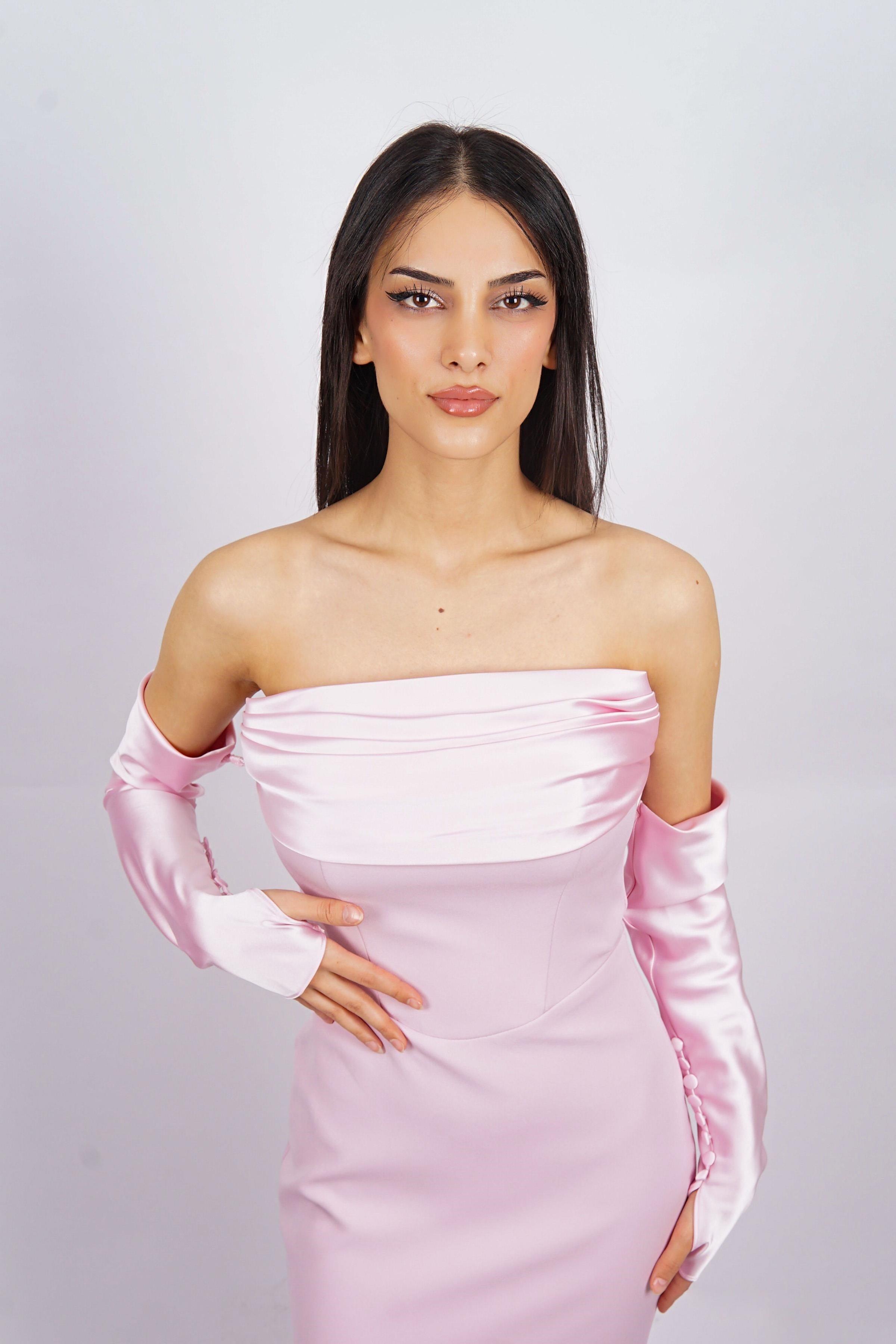 Pudra Straplez Uzun Kol Abiye Elbise Abiye P-0000014994-PUDRAPDR36