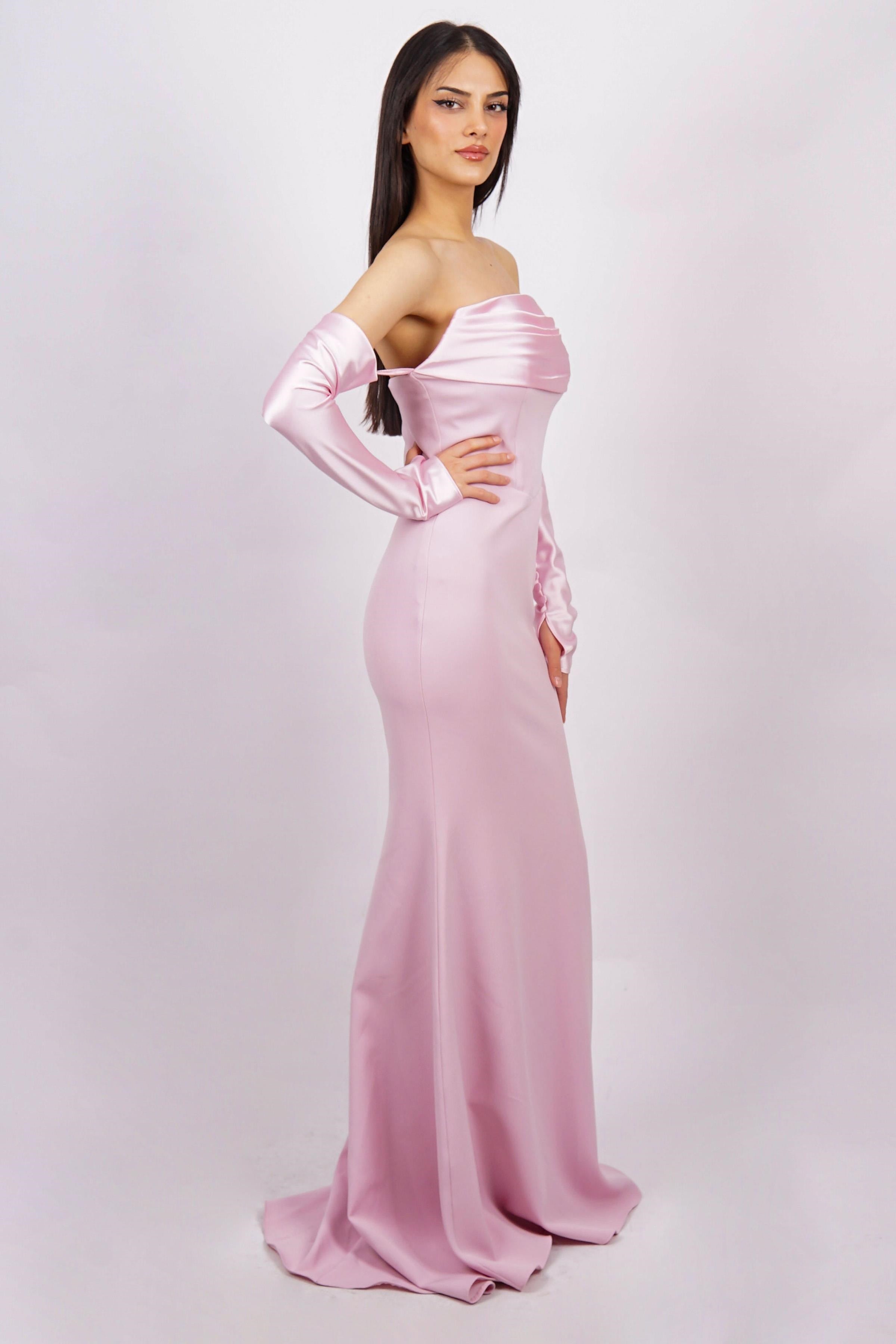 Pudra Straplez Uzun Kol Abiye Elbise Abiye P-0000014994-PUDRAPDR36