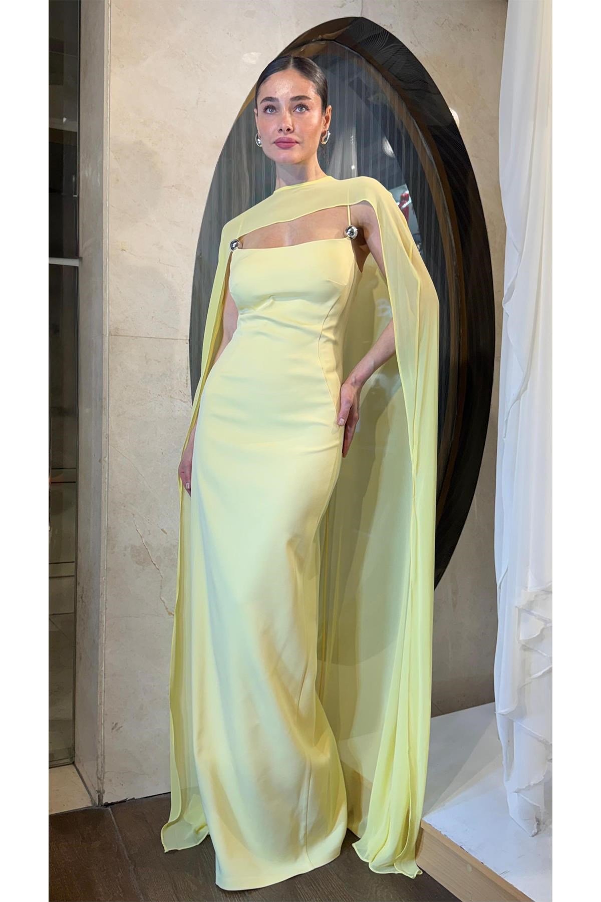Sarı Şifon Pelerinli Krep Abiye Abiye P-0000017901-SARISAR36