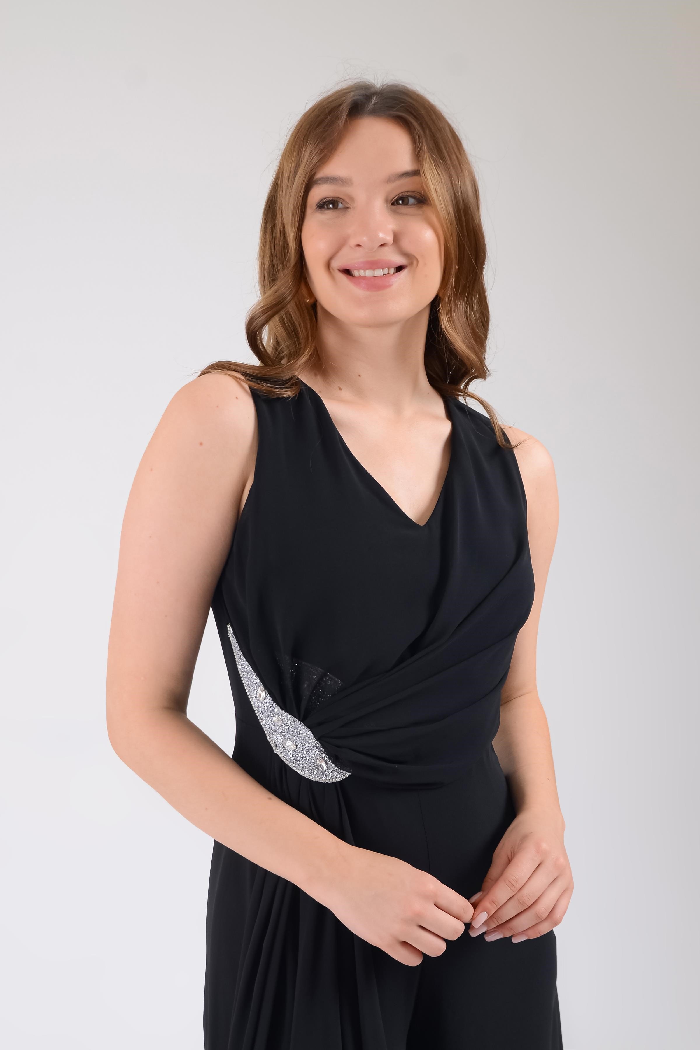 Siyah Beli Taşlı Şifon Tulum Abiye P-0000013343-SİYAHSYH44