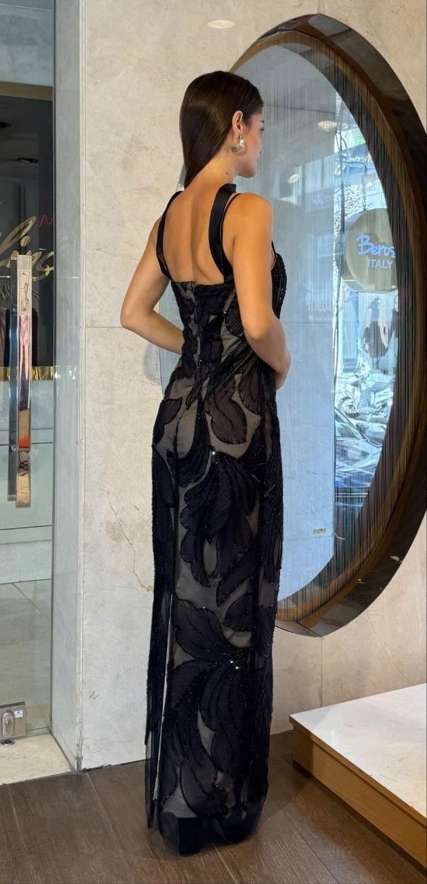 Siyah Boncuk İşlemeli Askı Detaylı Abiye Abiye P-0000019309-SİYAHSYH36