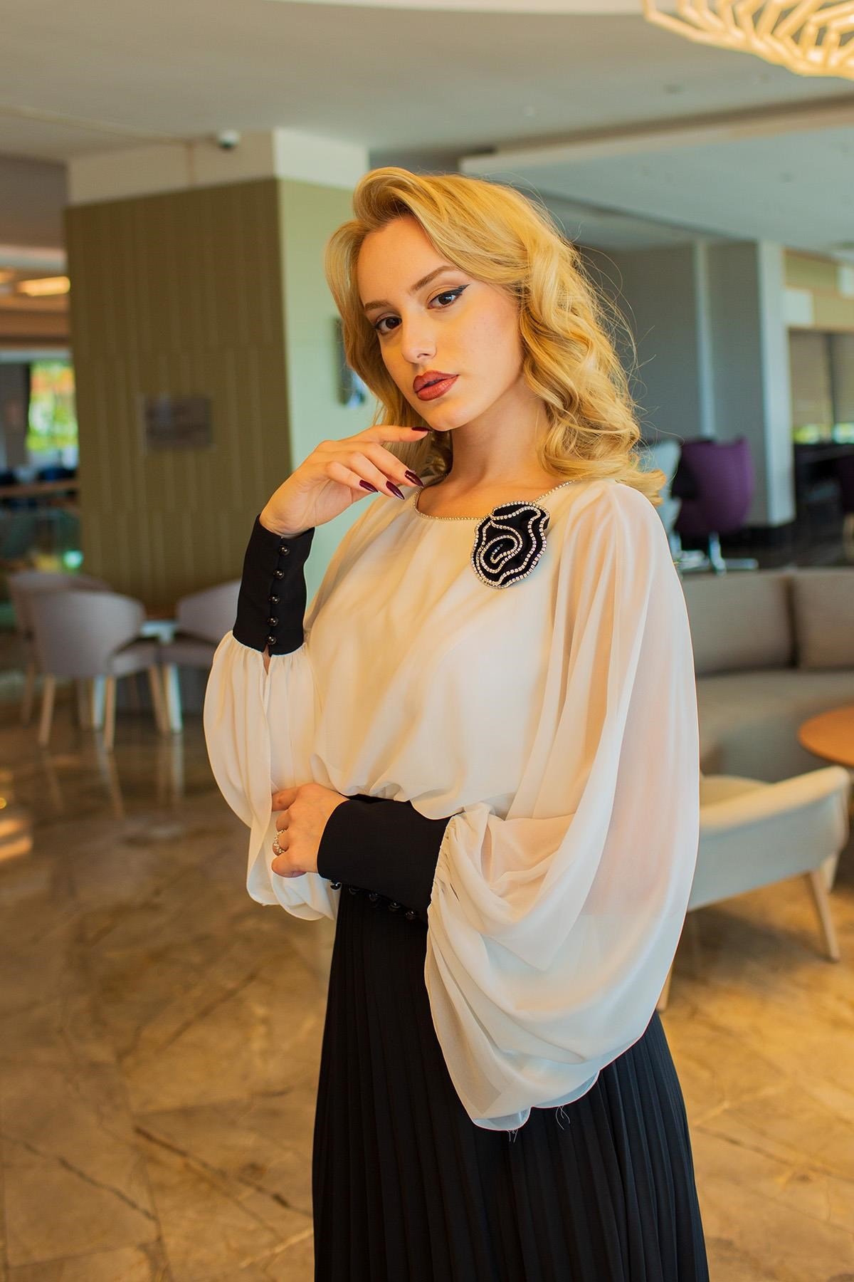 Siyah Ekru Yarasa Kol Abiye Elbise Abiye P-0000012503-SİYAH EKRUS E38