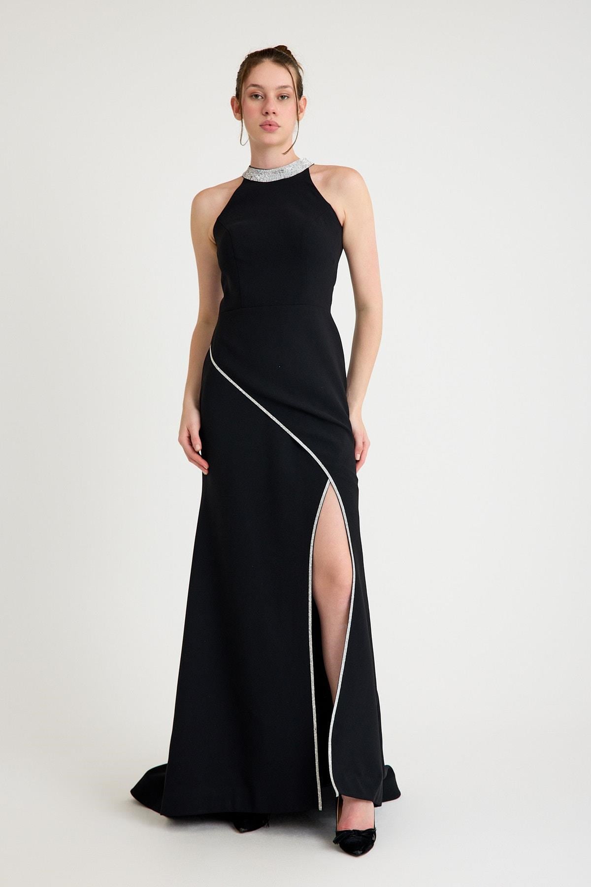 Siyah Halter Yaka Krep Abiye Elbise Abiye P-0000016108-SİYAHSYH38
