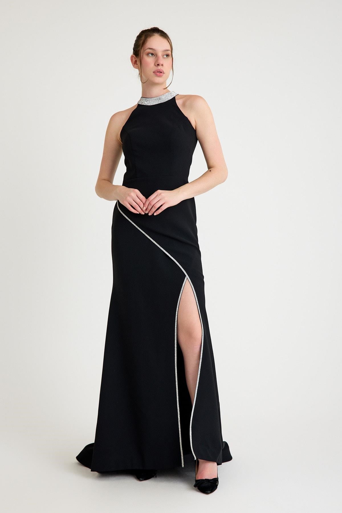 Siyah Halter Yaka Krep Abiye Elbise Abiye P-0000016108-SİYAHSYH38