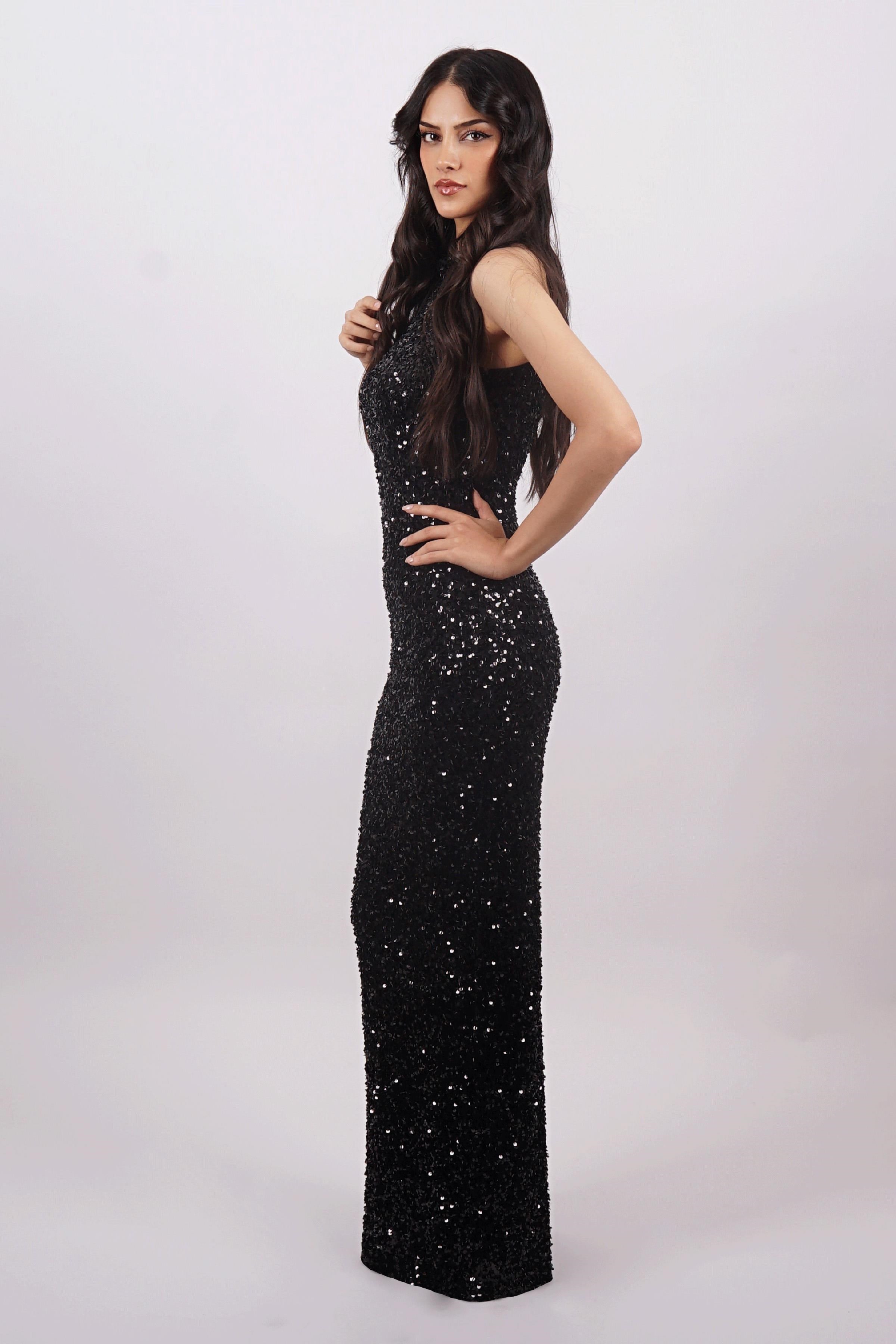 Siyah Halter Yaka Payetli Abiye Elbise Abiye P-0000014389-SİYAHSYH38