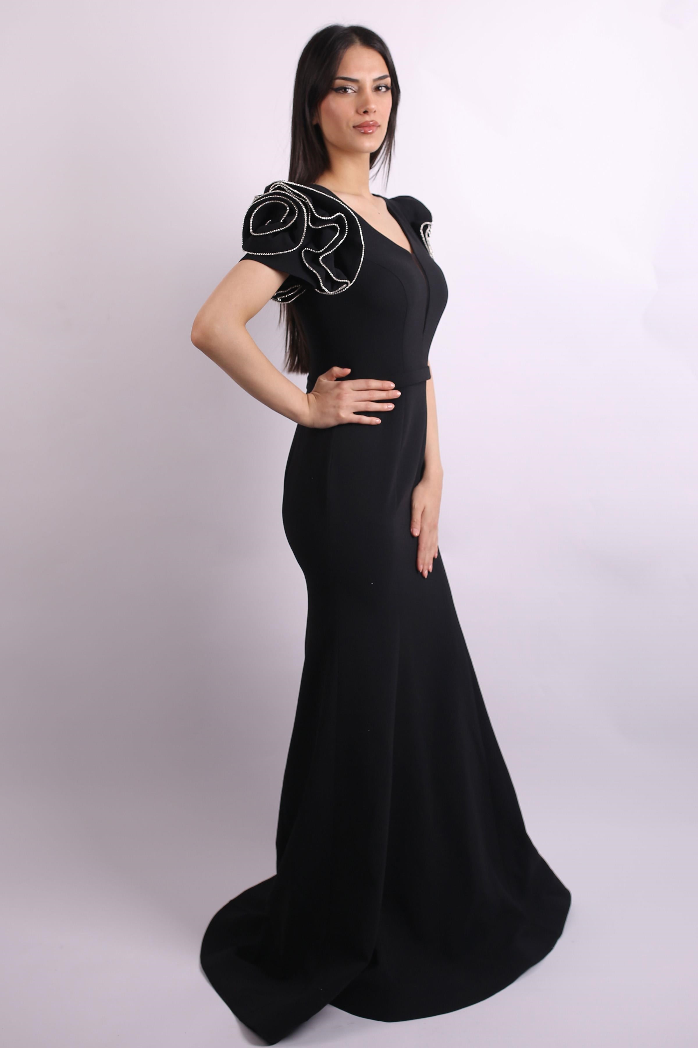 Siyah Kolları Krep Abiye Elbise Abiye P-0000015489-SİYAHSYH44