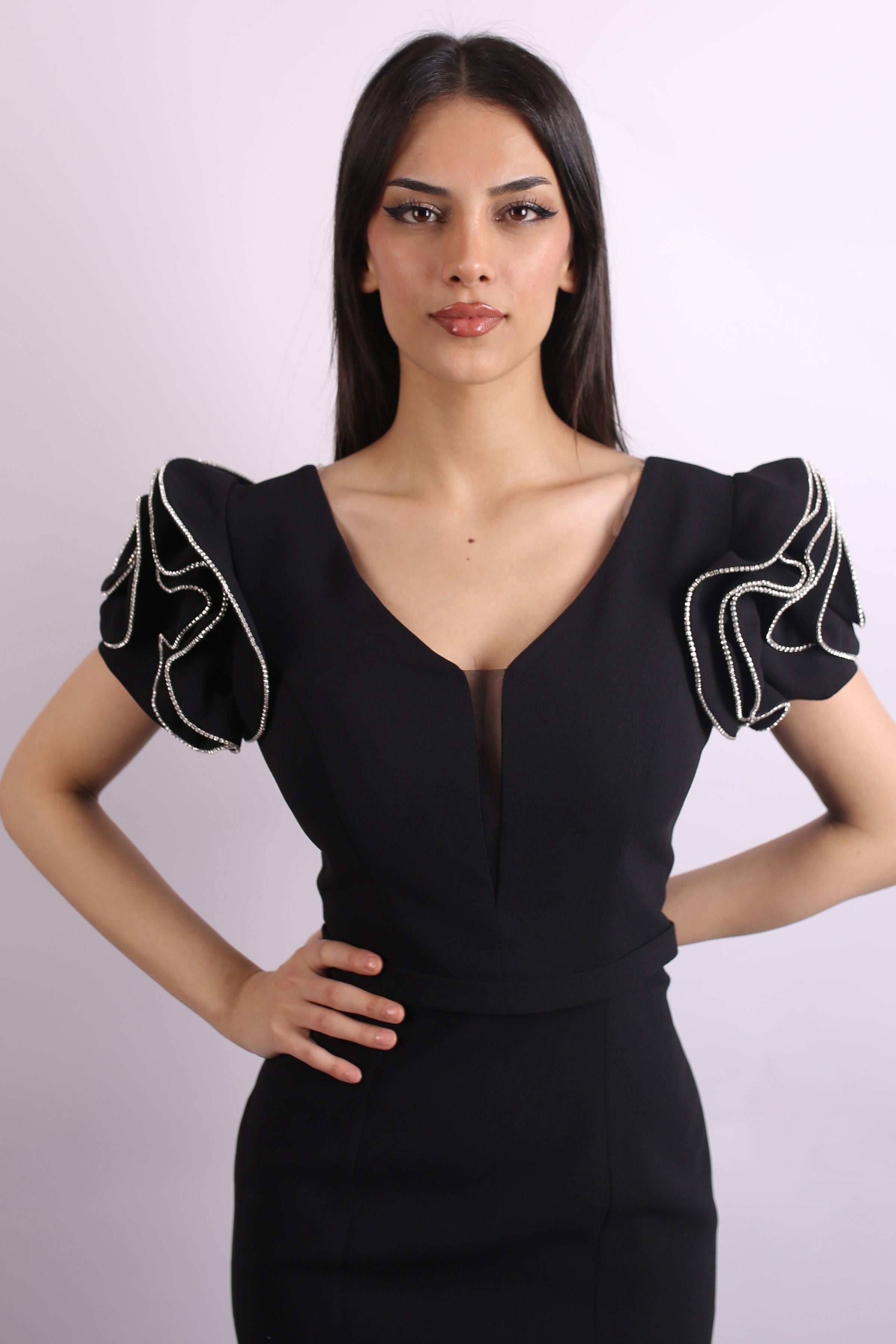 Siyah Kolları Krep Abiye Elbise Abiye P-0000015489-SİYAHSYH44