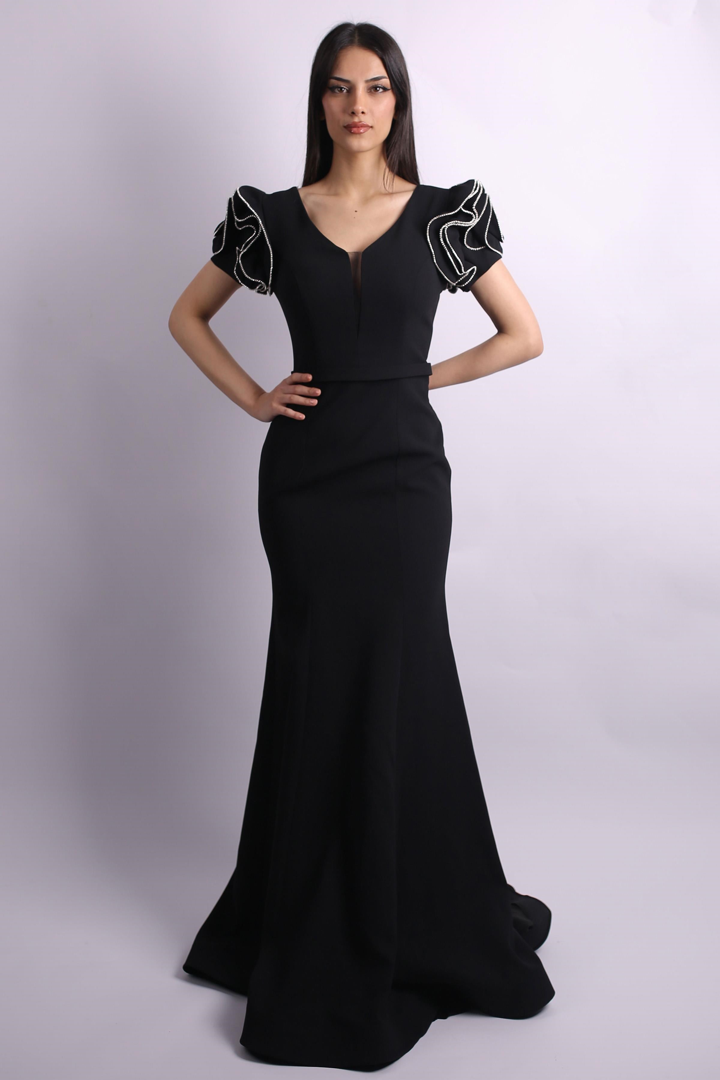 Siyah Kolları Krep Abiye Elbise Abiye P-0000015489-SİYAHSYH44