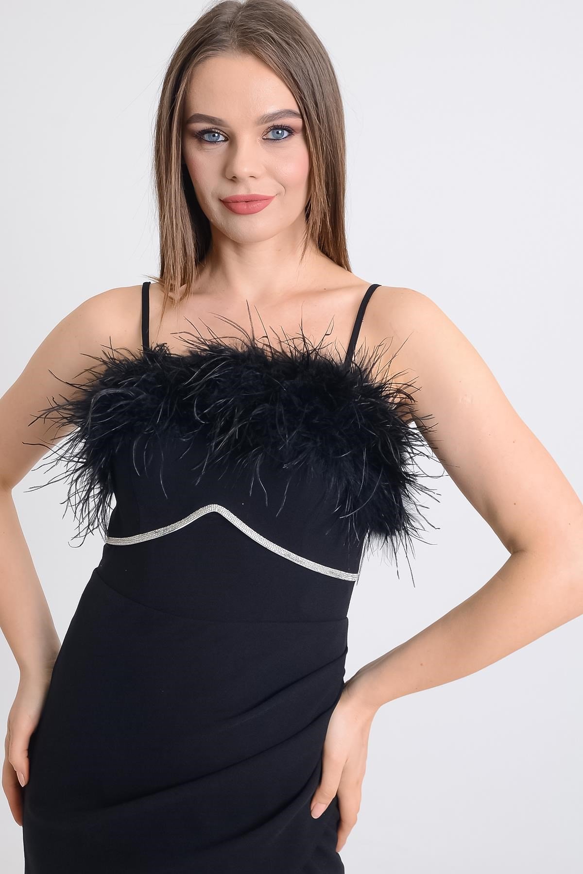 Siyah Otrişli Taş Aksesuarlı Krep Abiye Elbise Abiye P-0000009705-SİYAHSYH42