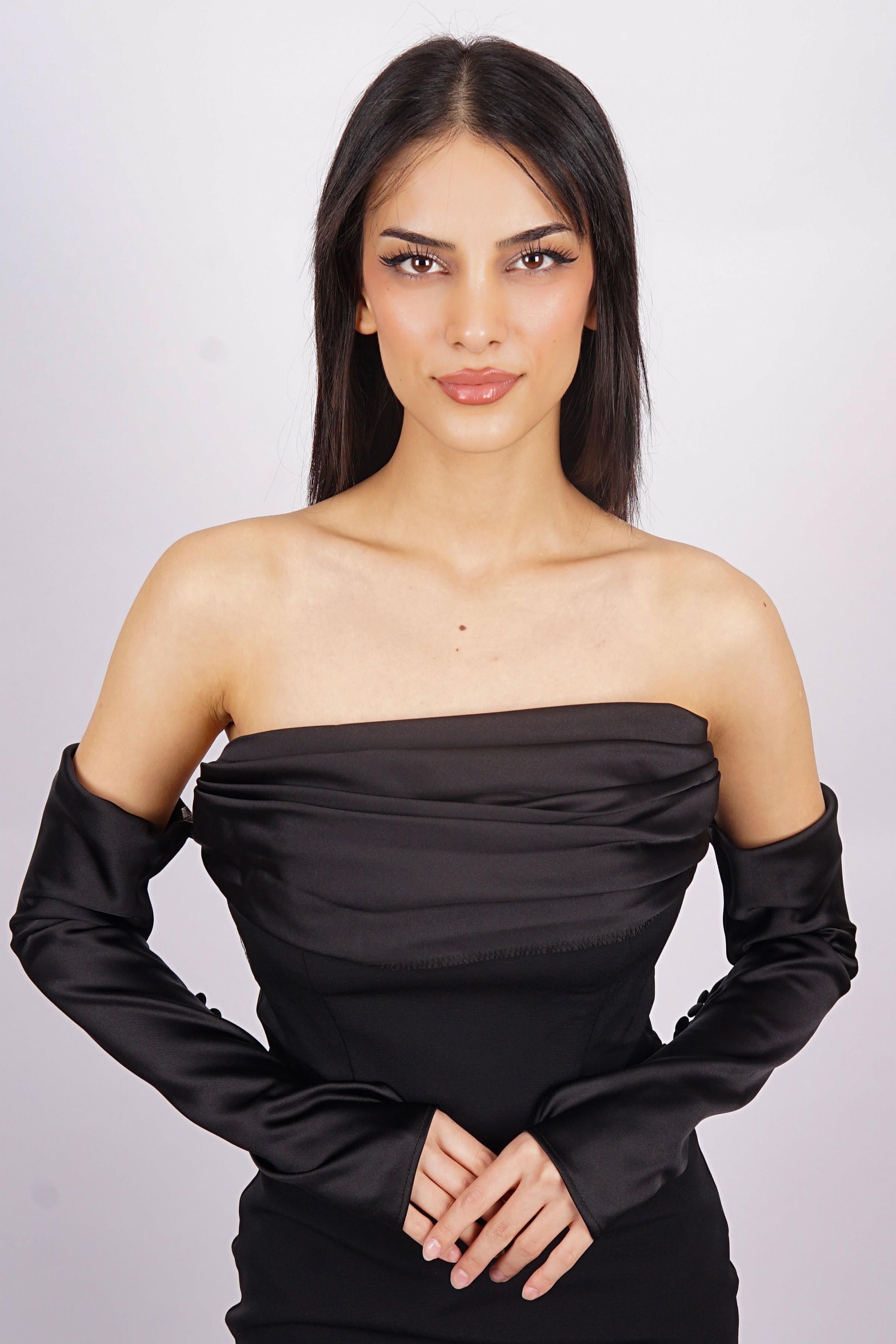 Siyah Straplez Uzun Kol Abiye Elbise Abiye P-0000014994-SİYAHSYH38