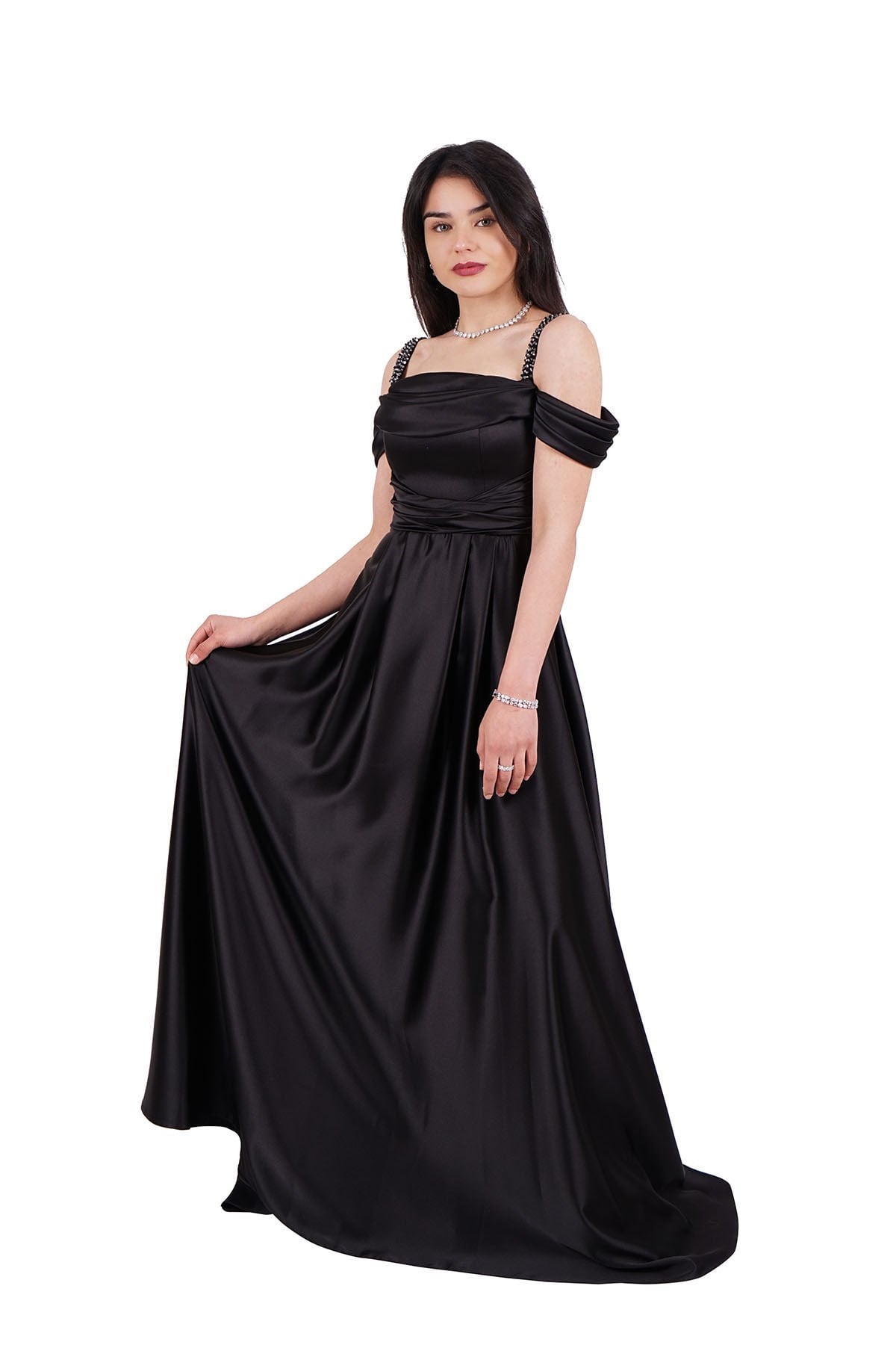 Siyah Taş Askılı Saten Abiye Elbise Abiye P-0000006607-SİYAHSYH40