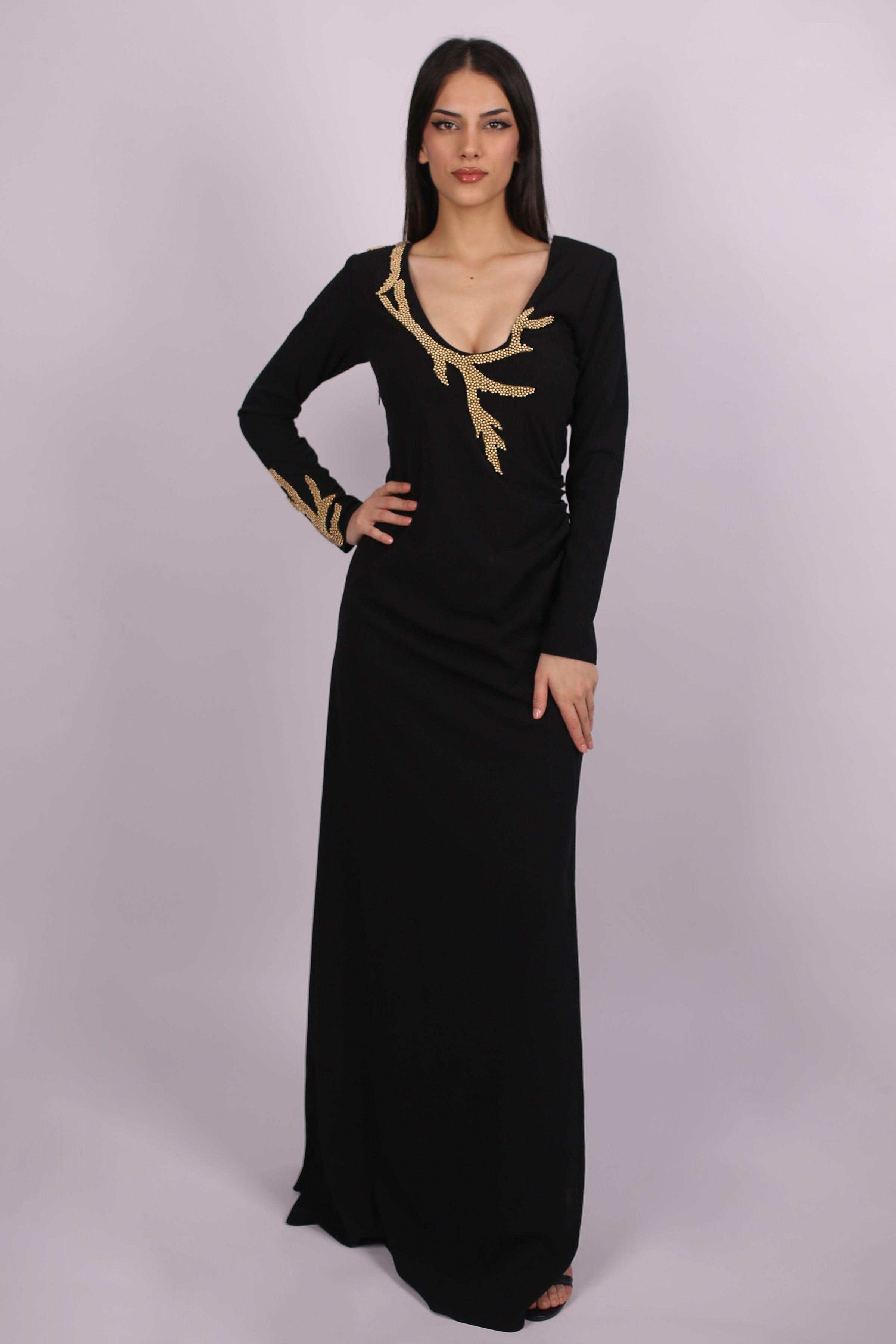 Siyah  Taş Detaylı Uzun Kollu Abiye Elbise Abiye P-0000015478-SİYAHSYH42