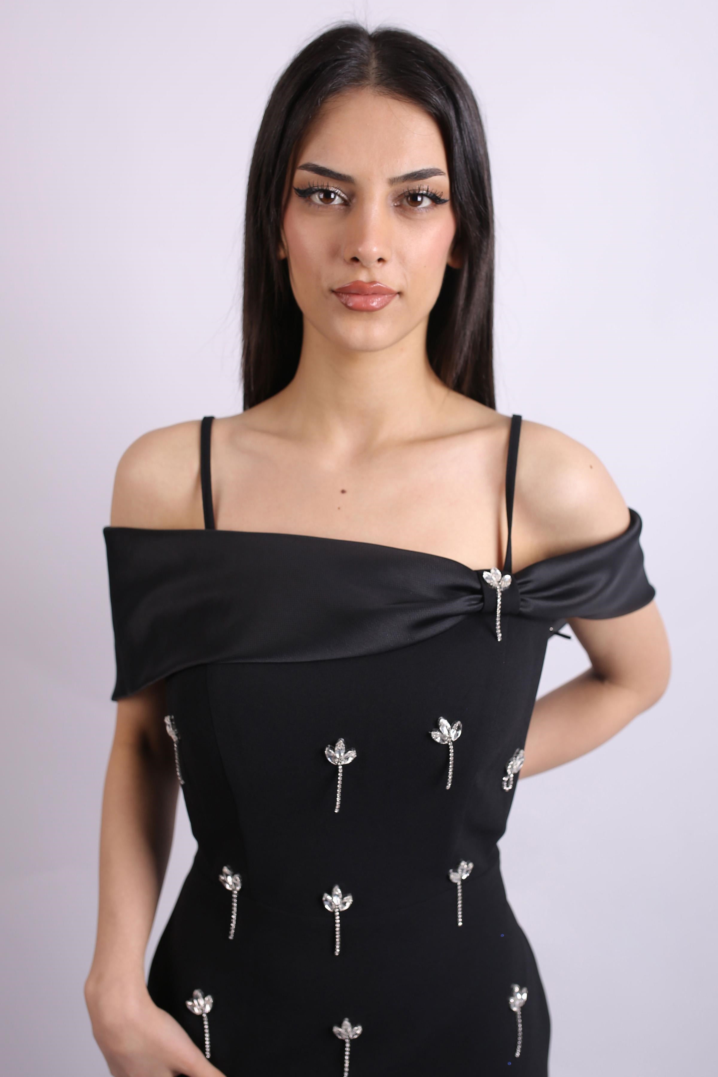 Siyah Taş İşlemeli Krep Abiye Elbise Abiye P-0000015484-SİYAHSYH38
