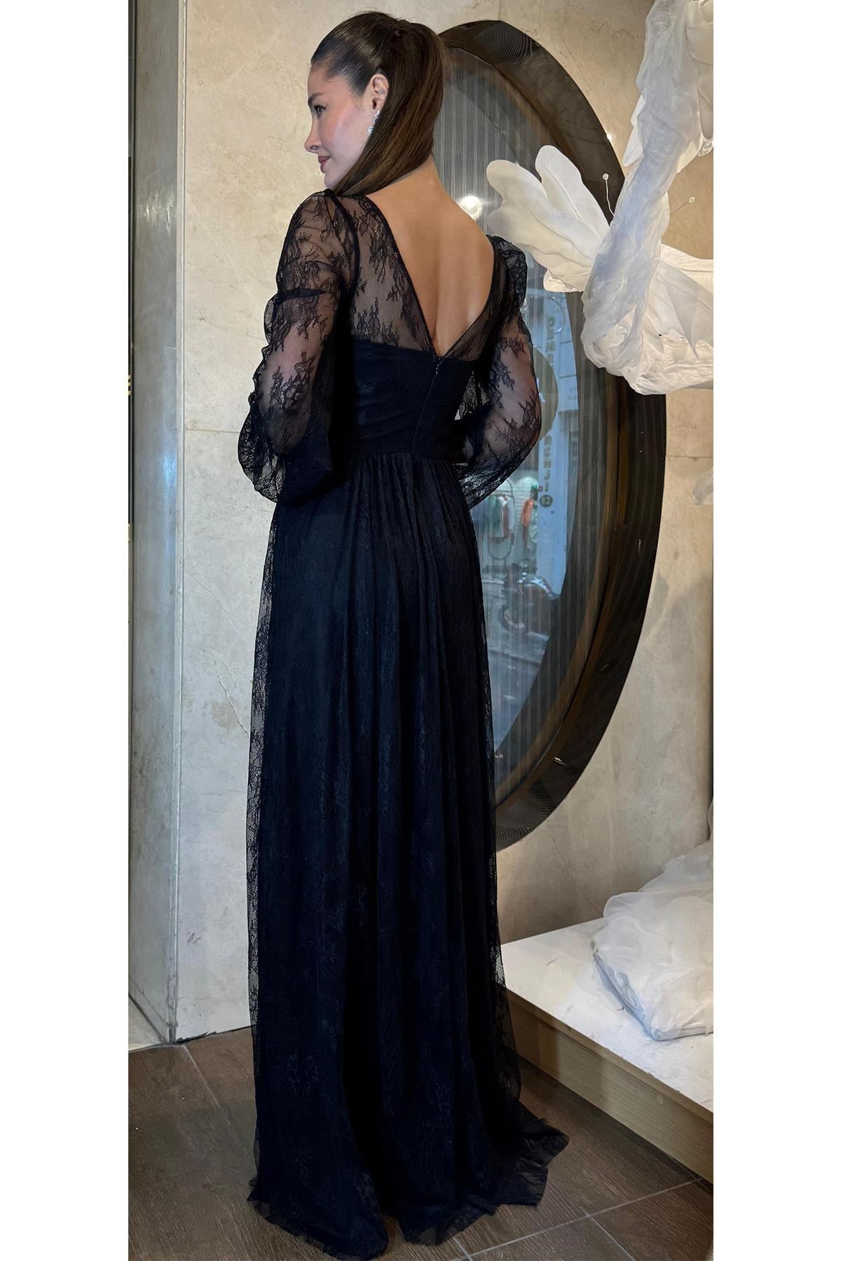 Siyah Uzun Kollu Dantel Abiye Abiye P-0000018461-SİYAHSYH38