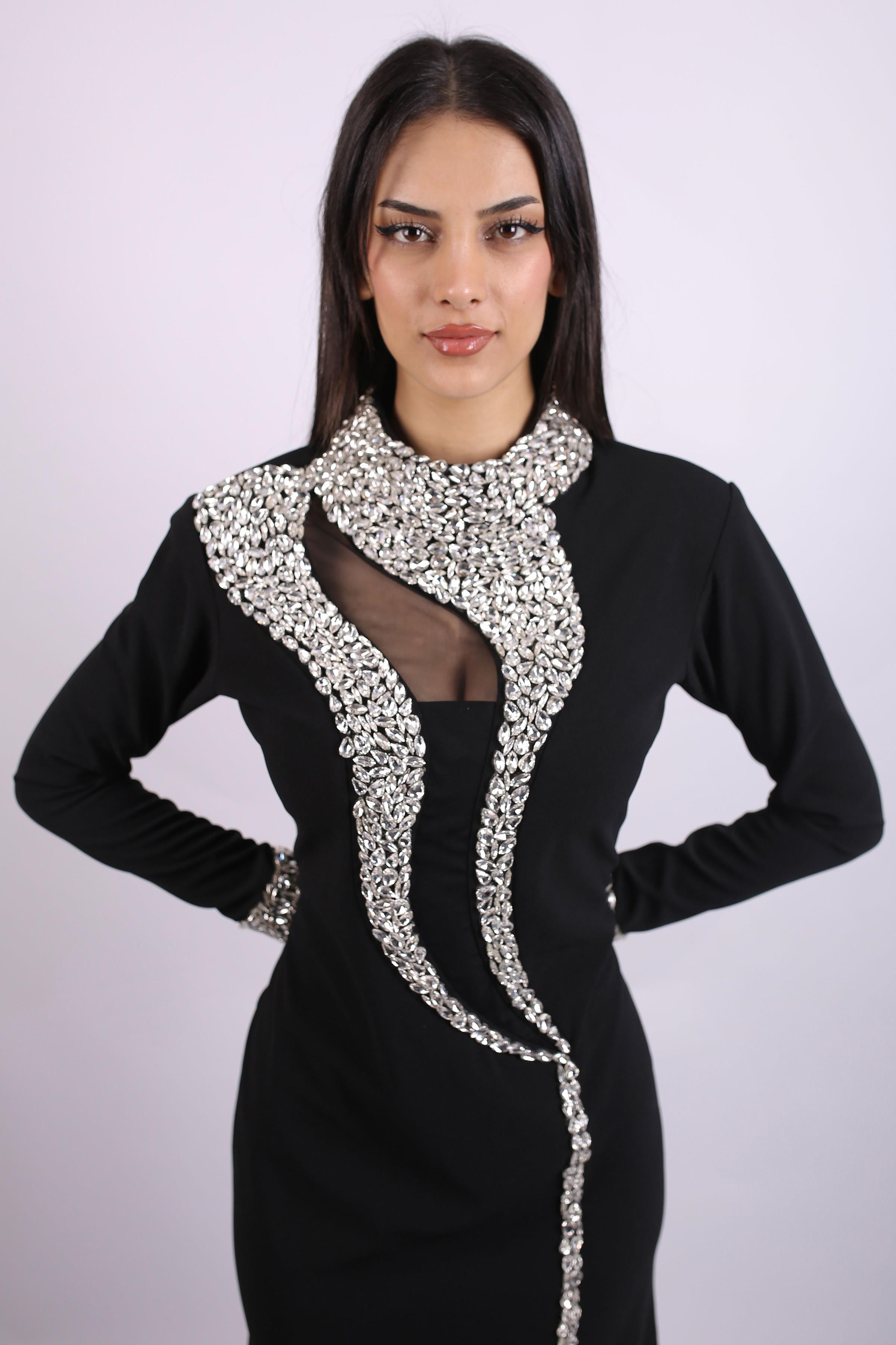 Siyah Yaka Ve Kolları Taşlı Abiye Elbise Abiye P-0000015490-SİYAHSYH46