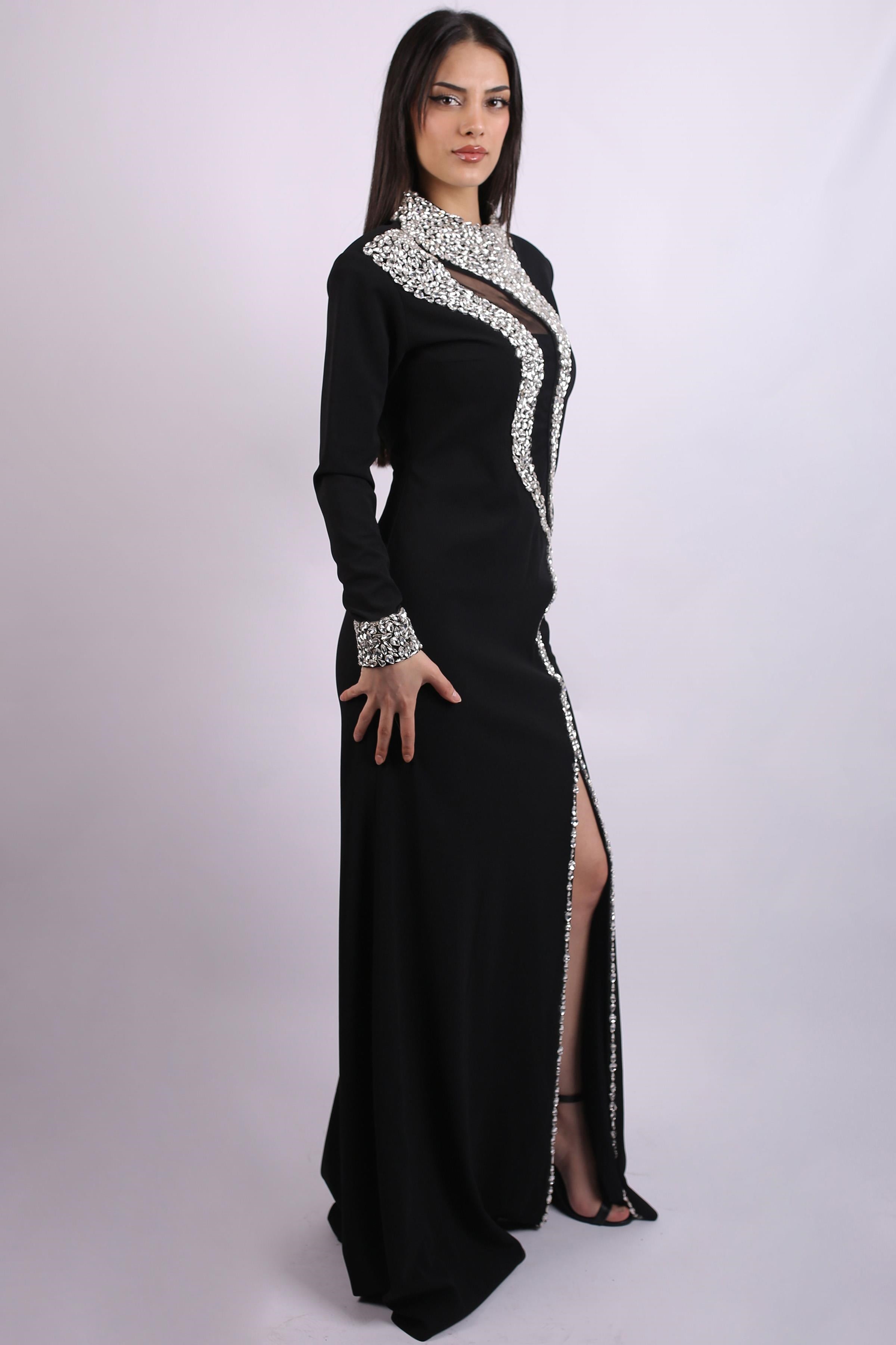 Siyah Yaka Ve Kolları Taşlı Abiye Elbise Abiye P-0000015490-SİYAHSYH46