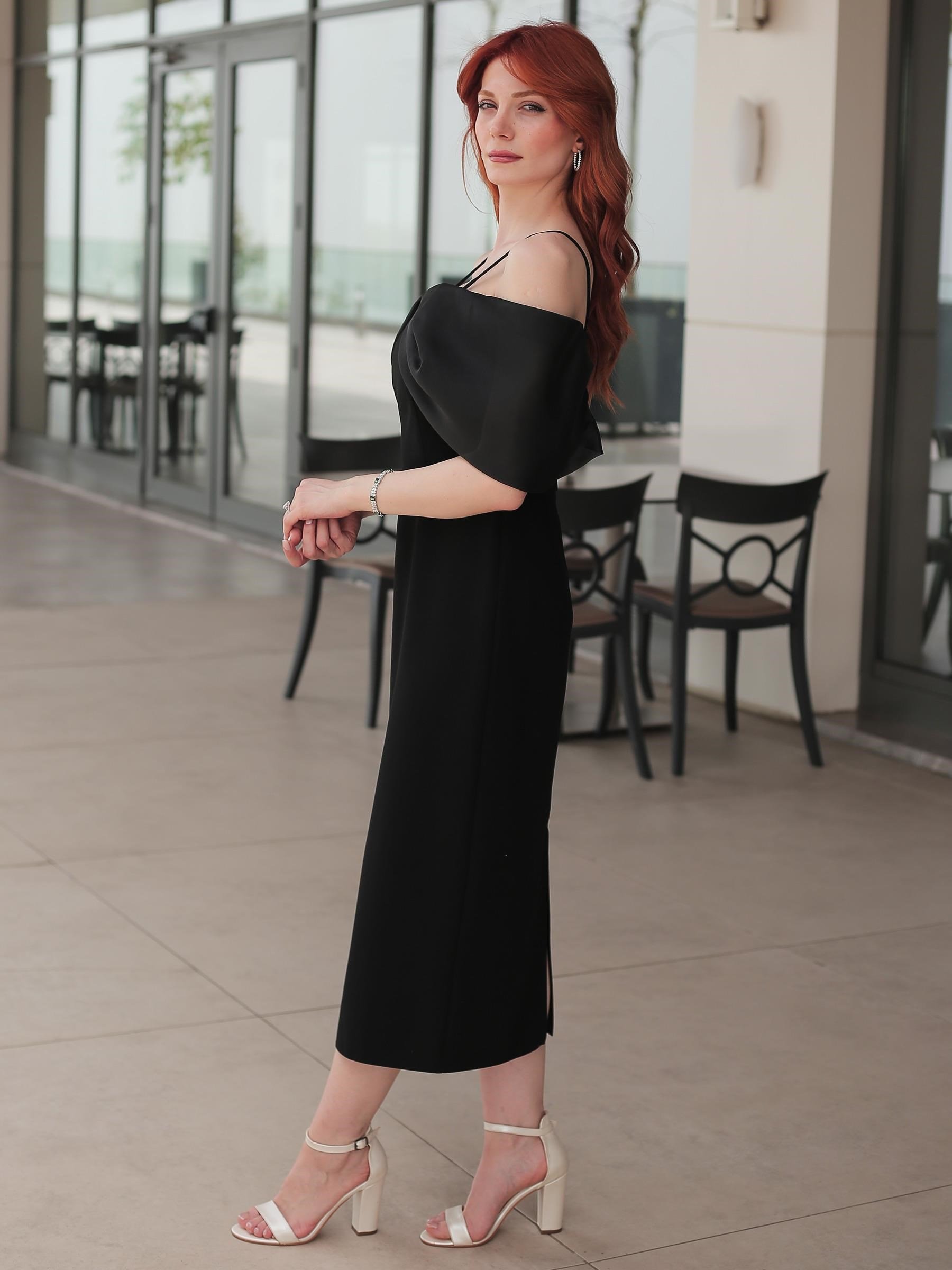 Siyah Yakası Organize Krep Abiye Elbise Abiye P-0000013092-SİYAHSYH40