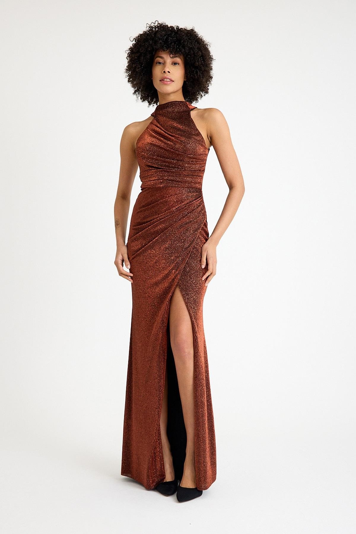 Tarçın Halter Yaka Simli Abiye Elbise Abiye P-0000015599-TARÇINTAR42
