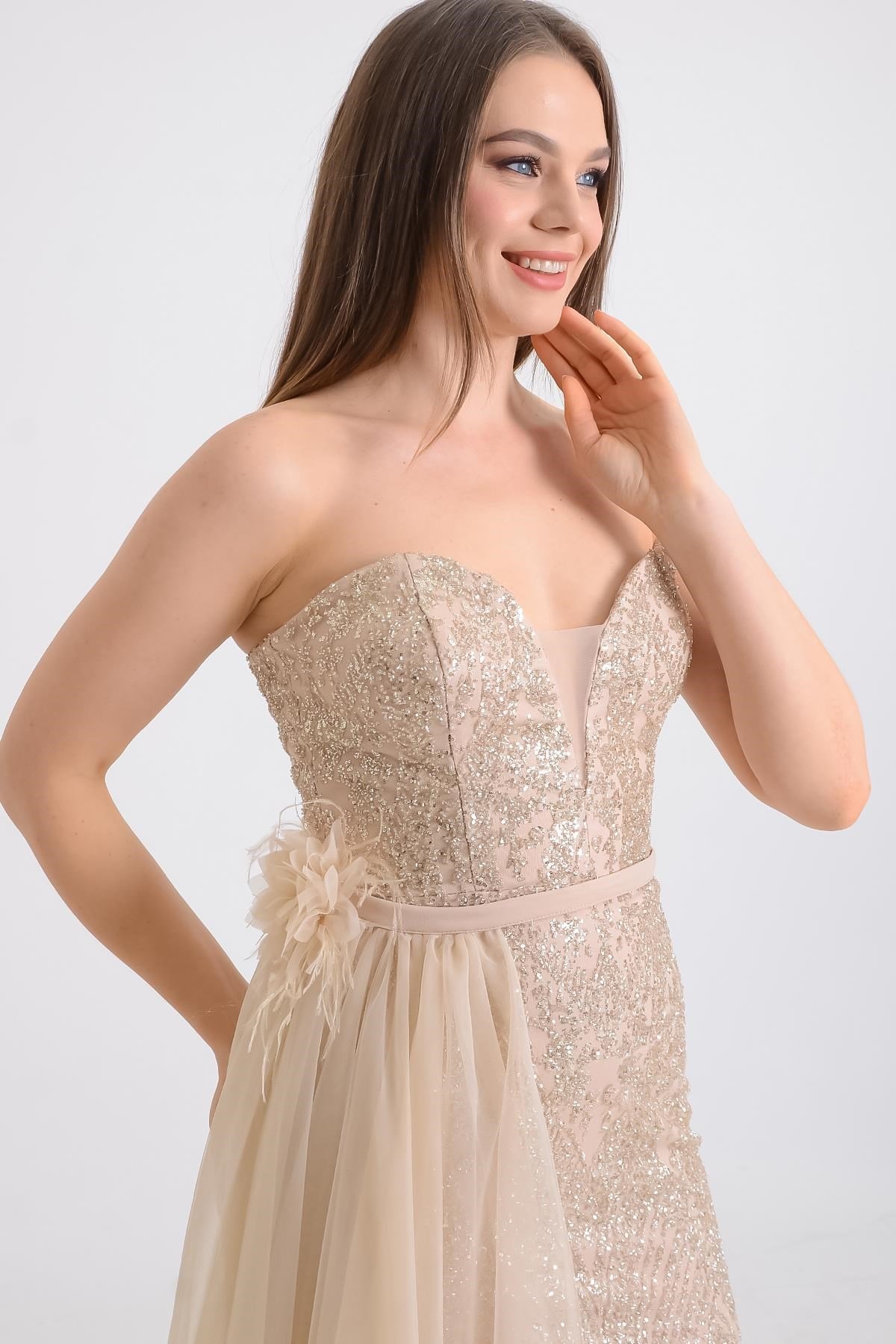 Ten Rengi Taş Detaylı Straplez Abiye Elbise Abiye P-0000009763-TEN RENGİTEN38