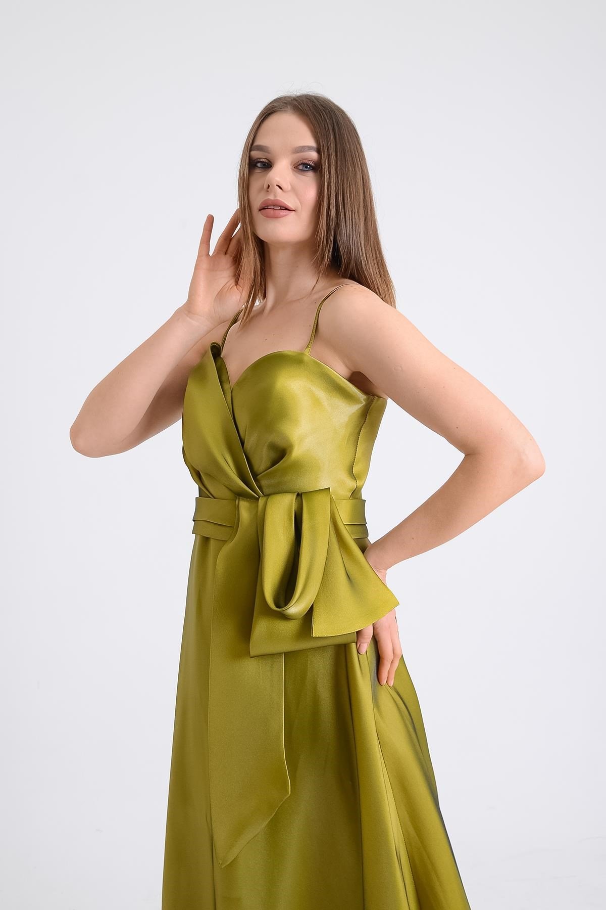 Yağ Yeşili Organize Kumaş Beli Fiyonklu Abiye Elbise Abiye P-0000009737-YAĞ YEŞİLİYAĞ44