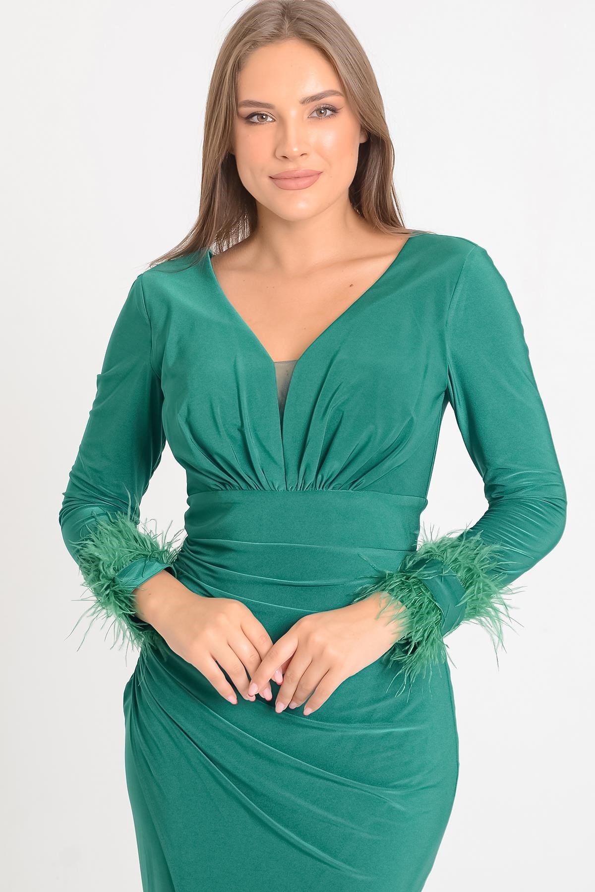 Zümrüt Kolları Otrişli Abiye Elbise Abiye P-0000011308-ZÜMRÜTzmr40