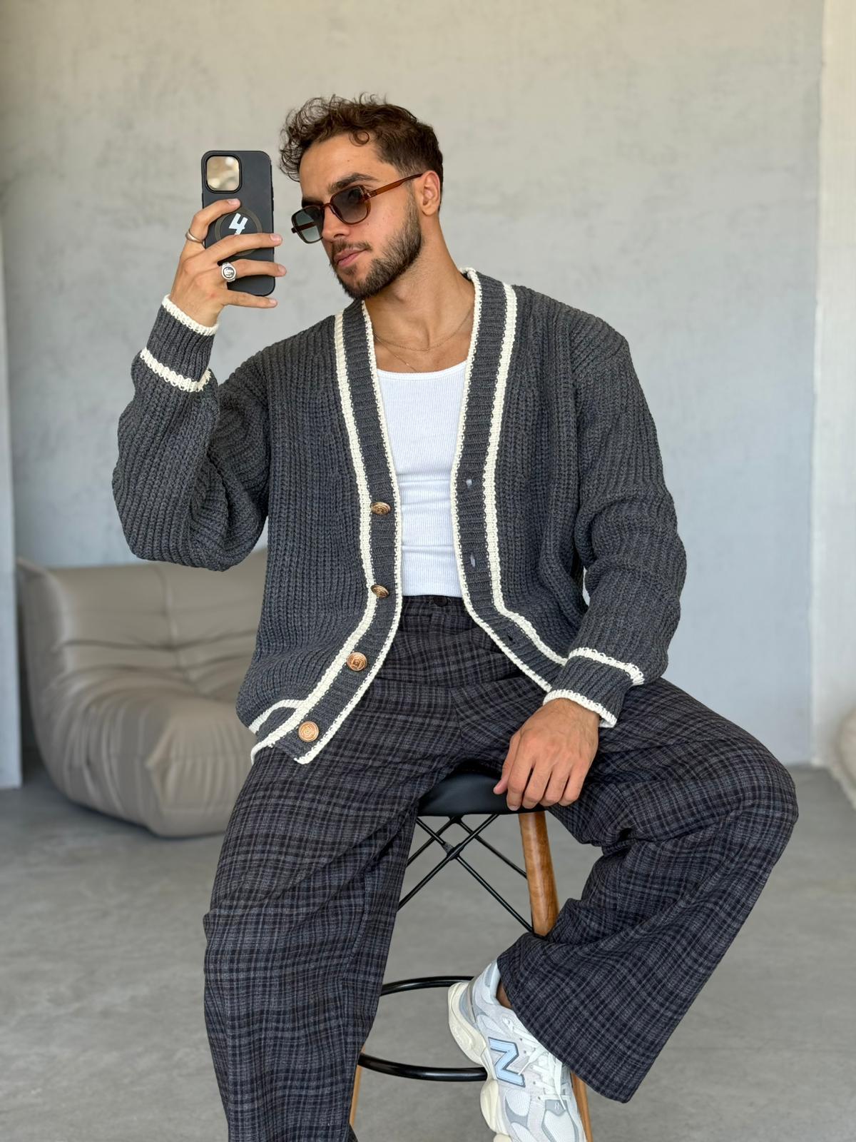 Oversize Old Money Şeritli Örme Hırka Gri-Ekru