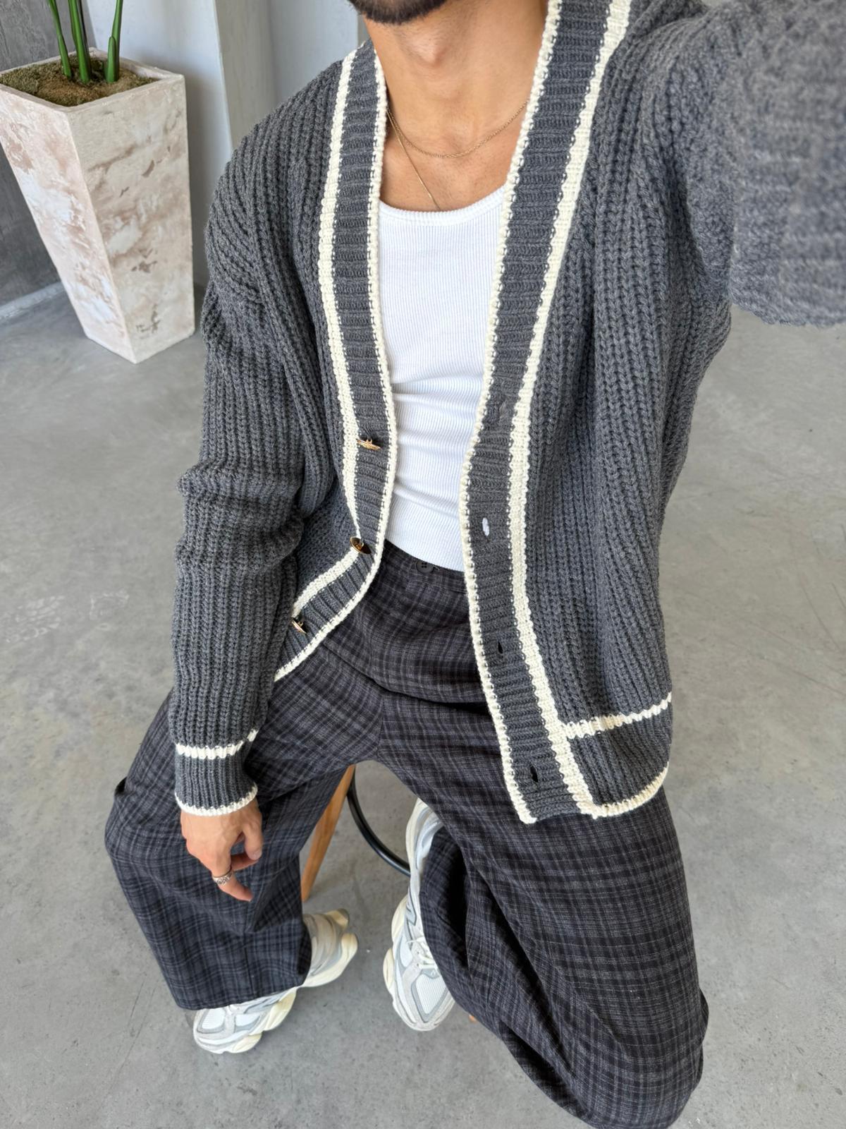 Oversize Old Money Şeritli Örme Hırka Gri-Ekru