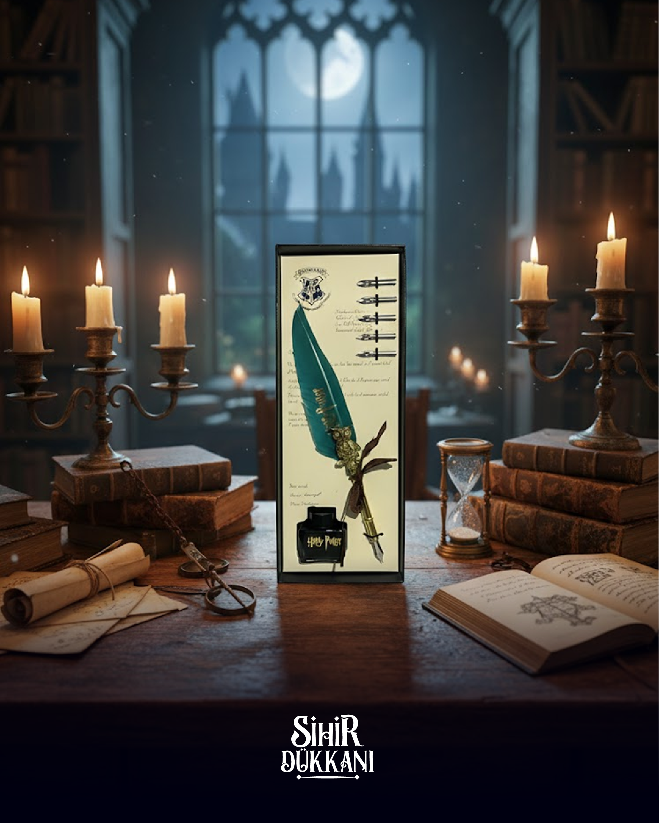 Harry Potter Mürekkepli Yeşil Tüylü Kalem Seti