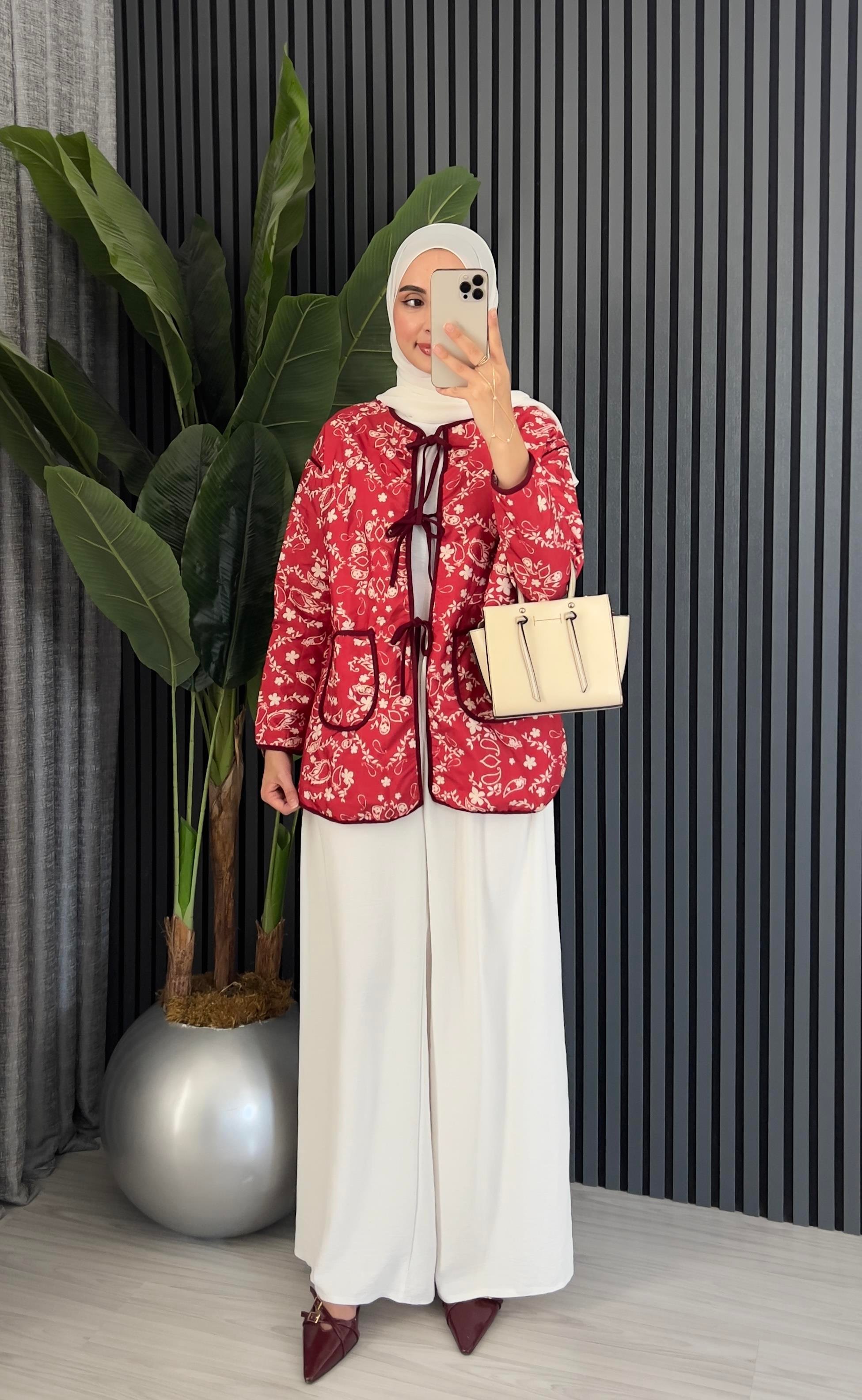 Desenli Kapitone Ceket | Bordo