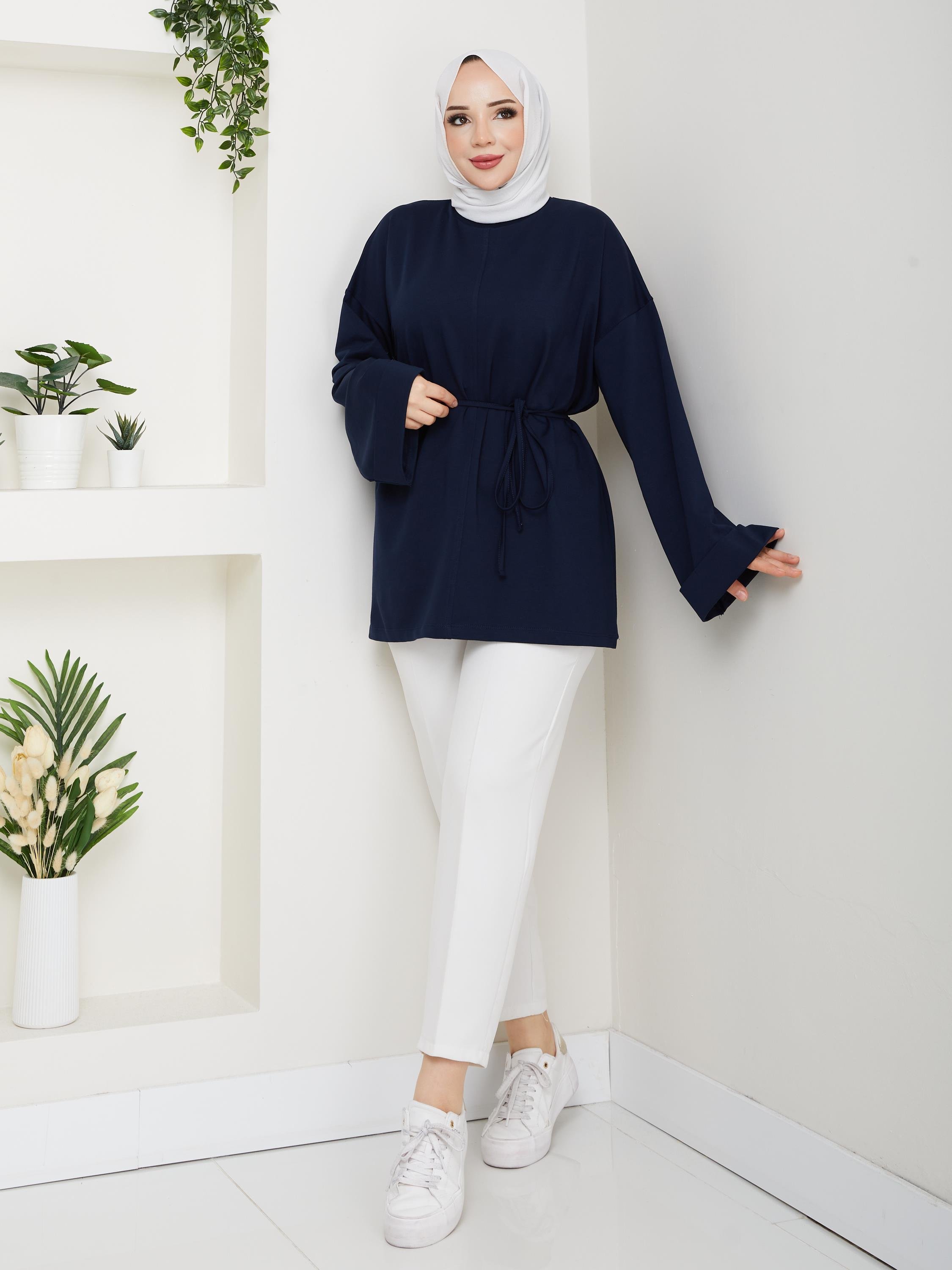 Lina Oversize Sweatshirt Yandan Yırtmaçlı Kuşaklı Model | Lacivert
