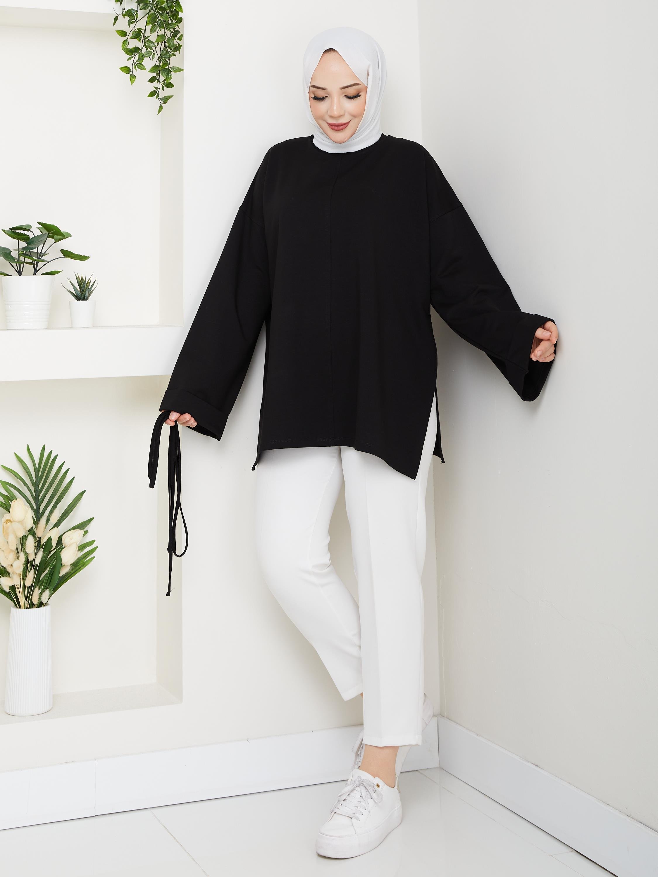 Lina Oversize Sweatshirt Yandan Yırtmaçlı Kuşaklı Model | Siyah