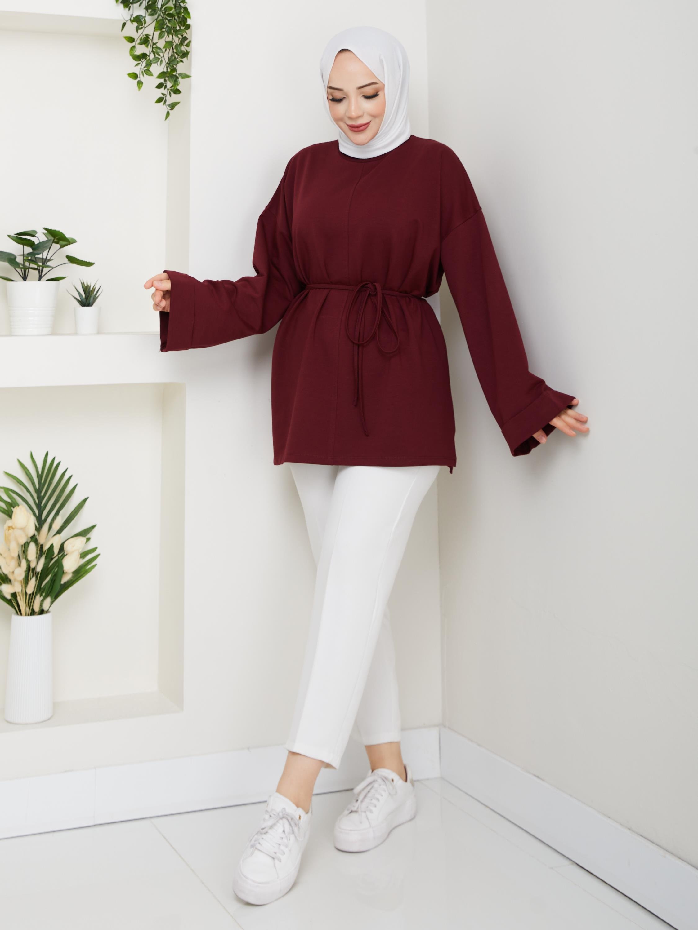 Lina Oversize Sweatshirt Yandan Yırtmaçlı Kuşaklı Model | Bordo