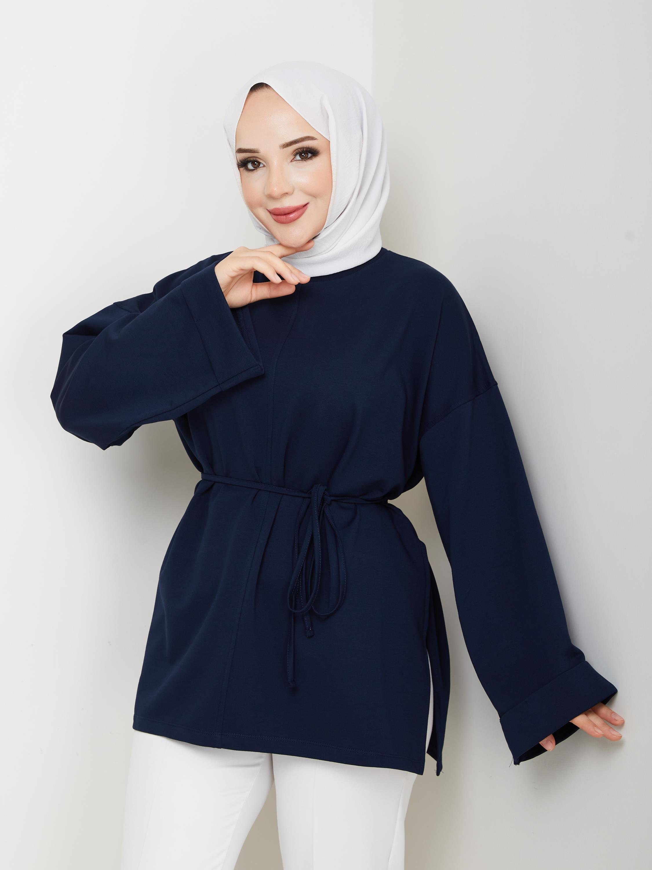 Lina Oversize Sweatshirt Yandan Yırtmaçlı Kuşaklı Model | Lacivert