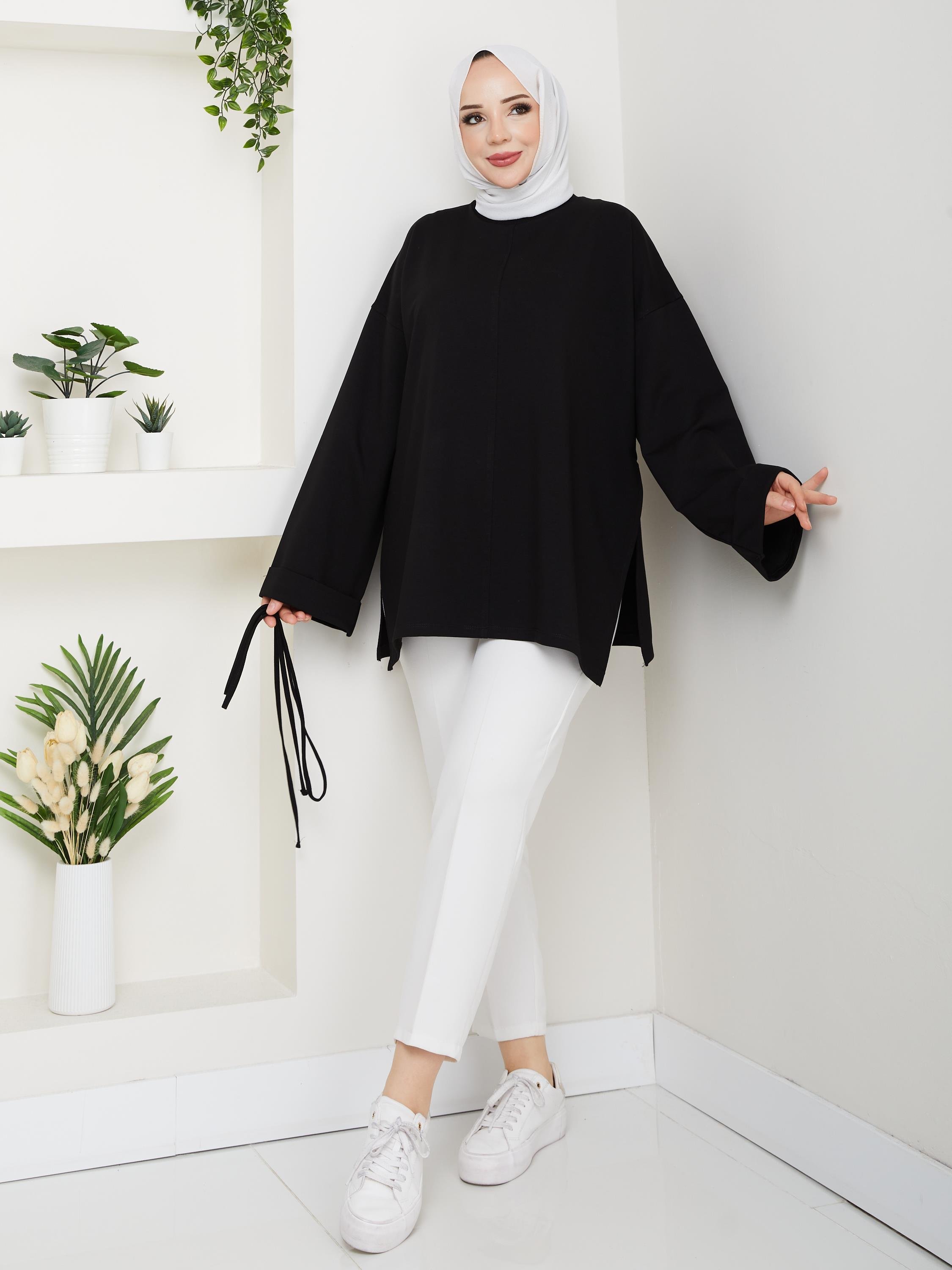 Lina Oversize Sweatshirt Yandan Yırtmaçlı Kuşaklı Model | Siyah
