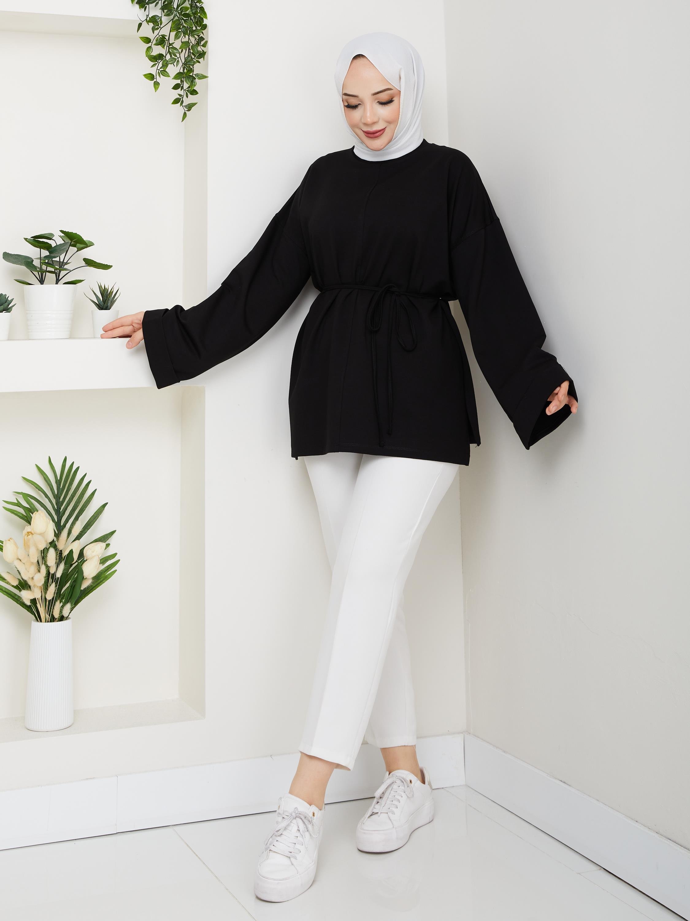 Lina Oversize Sweatshirt Yandan Yırtmaçlı Kuşaklı Model | Siyah
