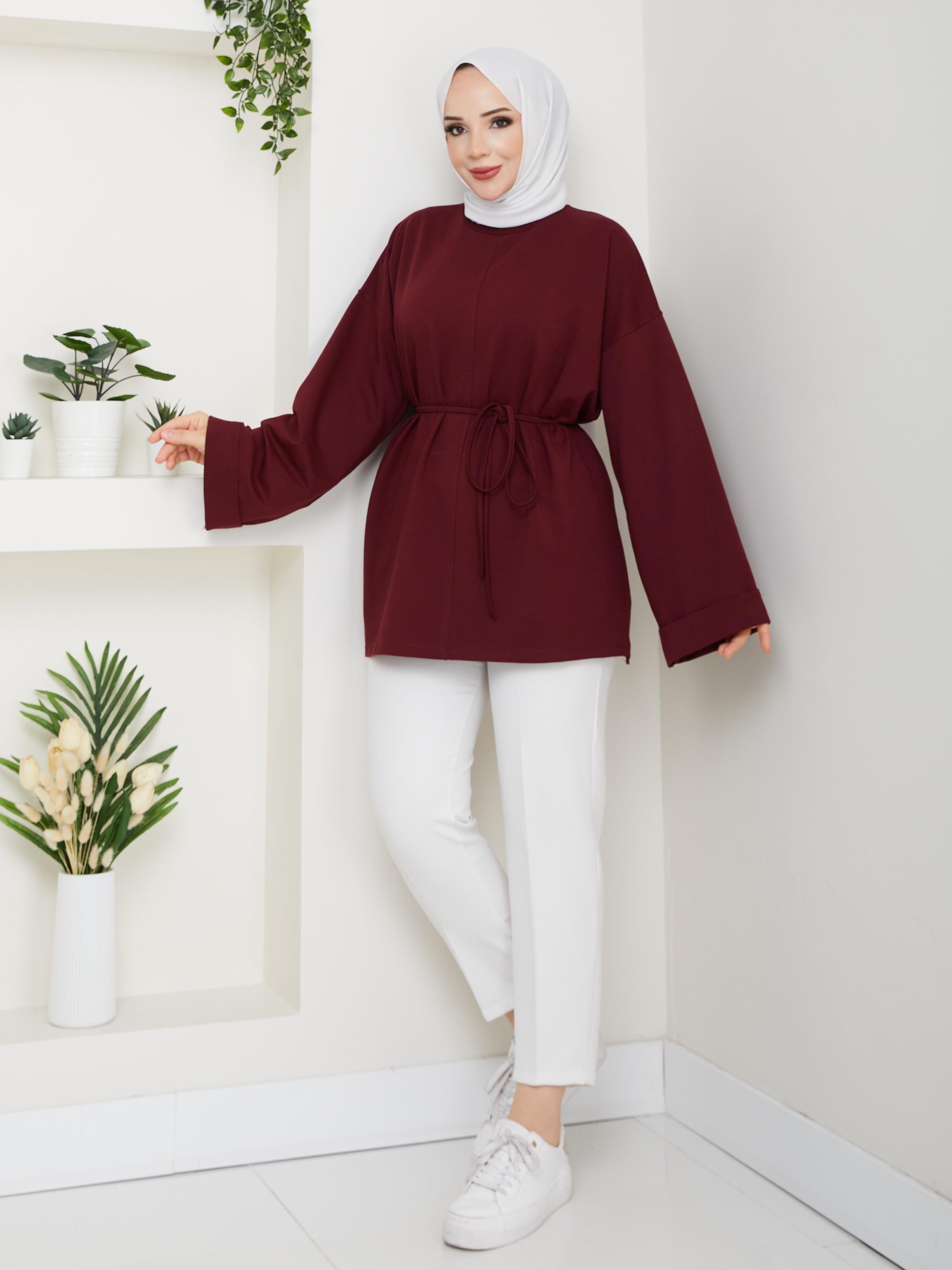Lina Oversize Sweatshirt Yandan Yırtmaçlı Kuşaklı Model | Bordo
