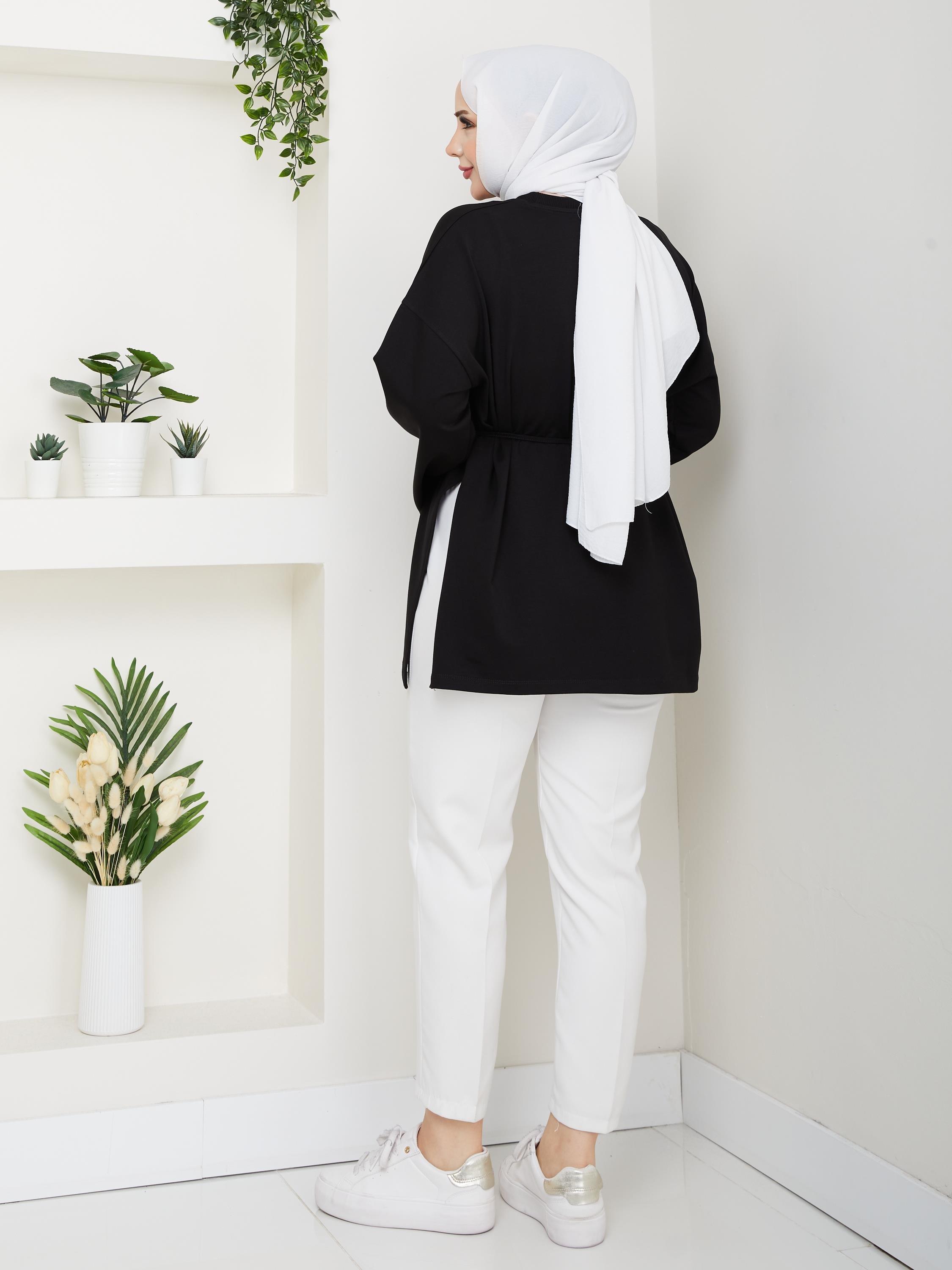 Lina Oversize Sweatshirt Yandan Yırtmaçlı Kuşaklı Model | Siyah