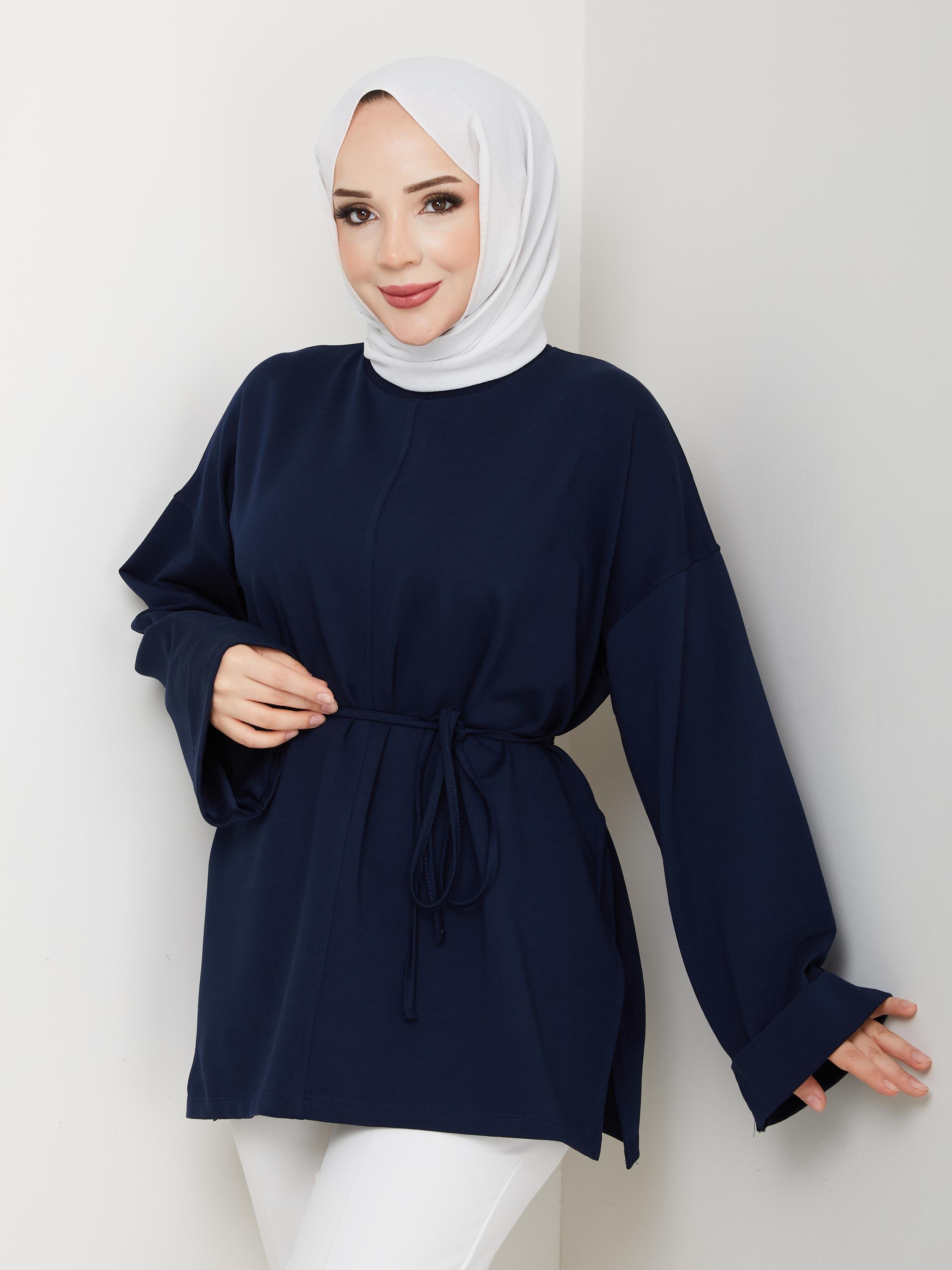Lina Oversize Sweatshirt Yandan Yırtmaçlı Kuşaklı Model | Lacivert