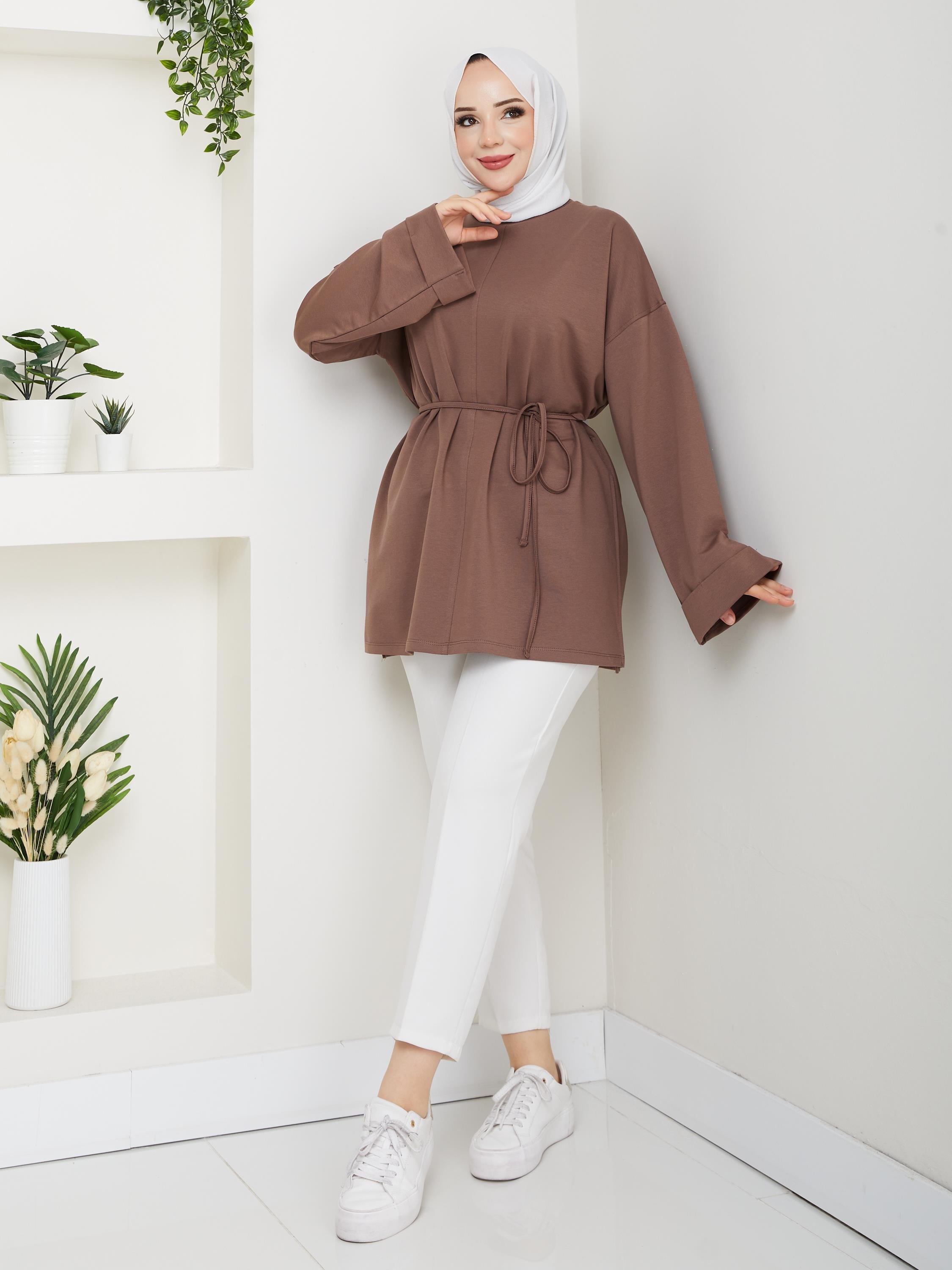 Lina Oversize Sweatshirt Yandan Yırtmaçlı Kuşaklı Model | Kahverengi
