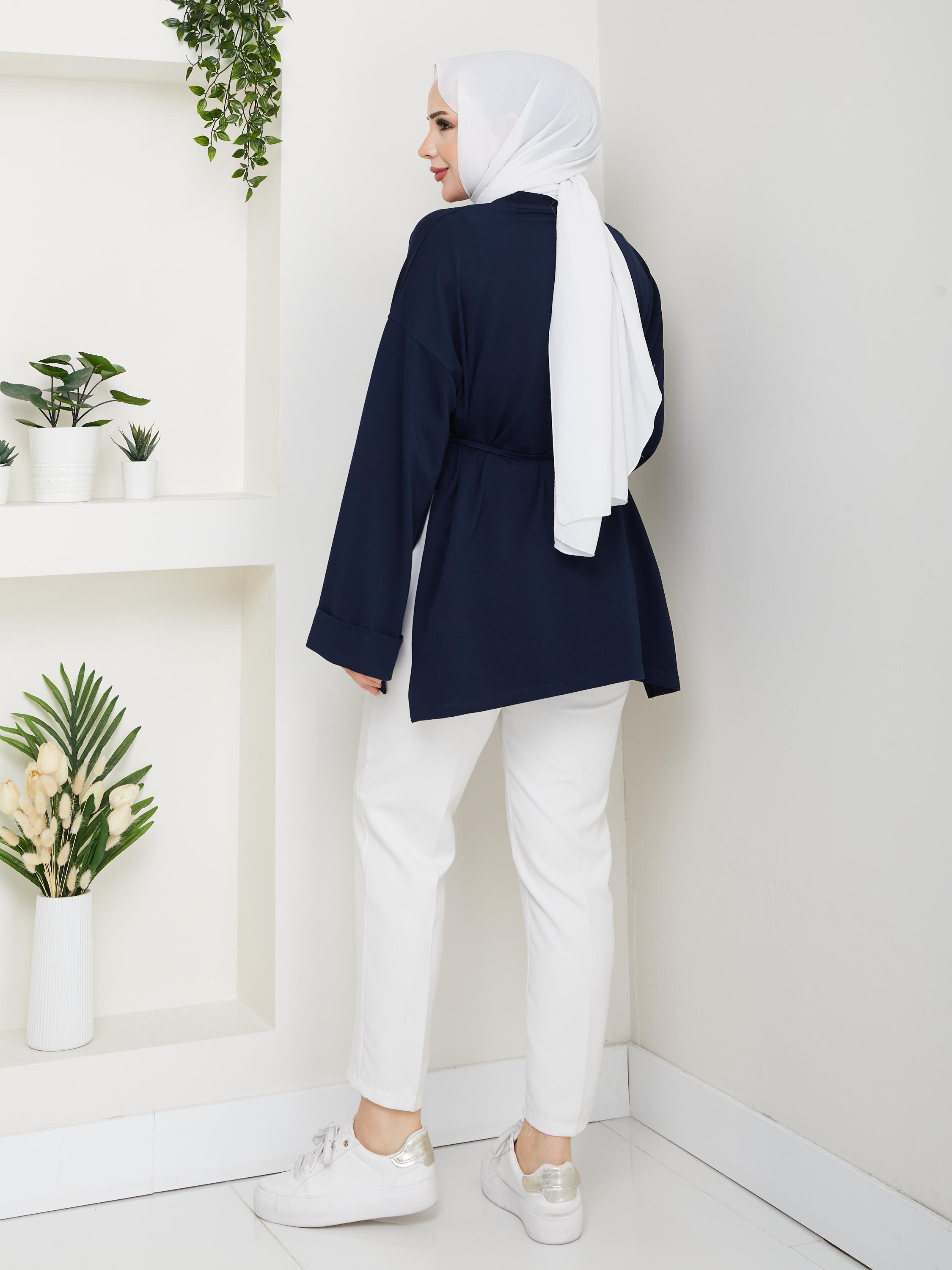 Lina Oversize Sweatshirt Yandan Yırtmaçlı Kuşaklı Model | Lacivert
