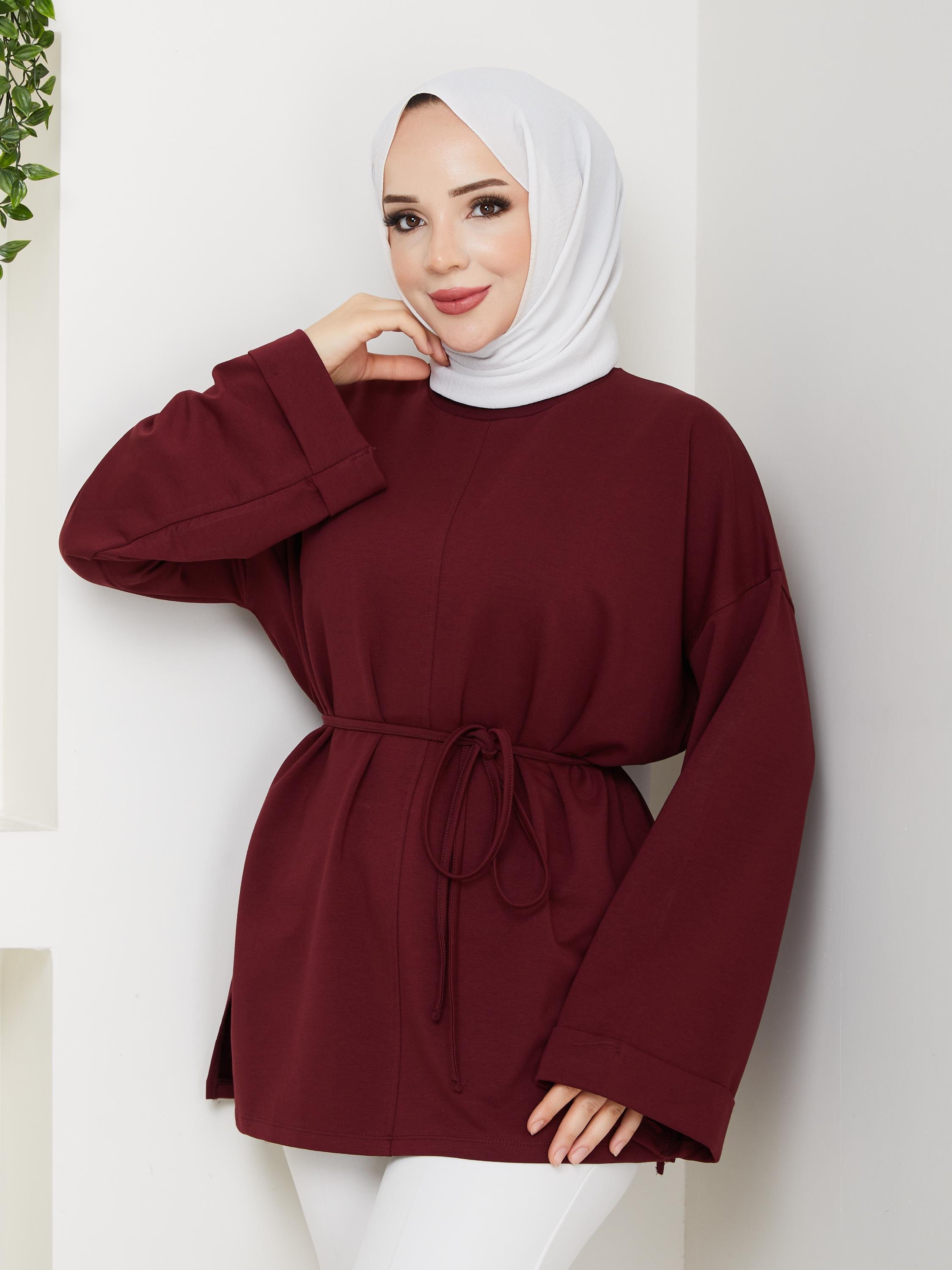 Lina Oversize Sweatshirt Yandan Yırtmaçlı Kuşaklı Model | Bordo