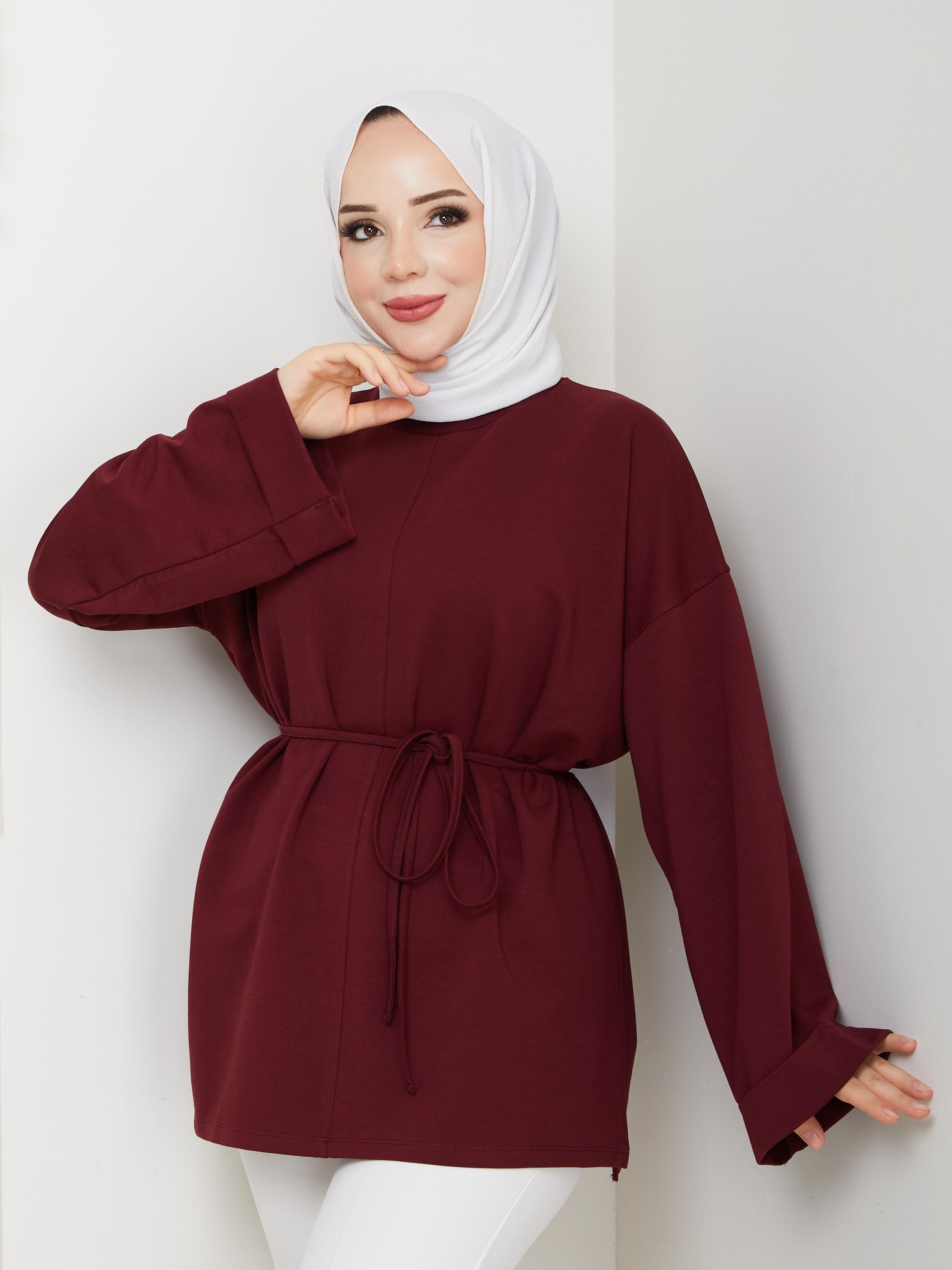 Lina Oversize Sweatshirt Yandan Yırtmaçlı Kuşaklı Model | Bordo