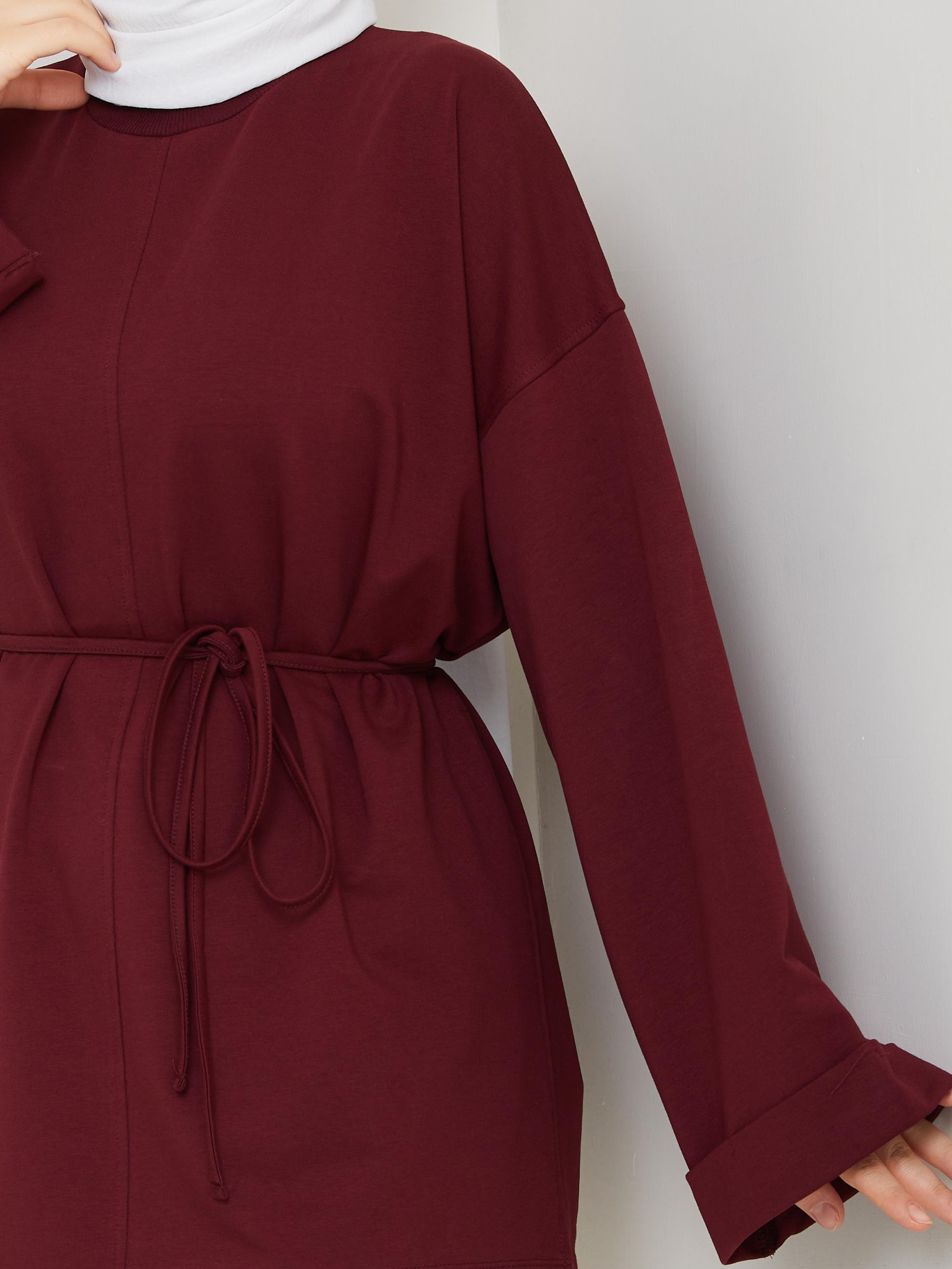 Lina Oversize Sweatshirt Yandan Yırtmaçlı Kuşaklı Model | Bordo