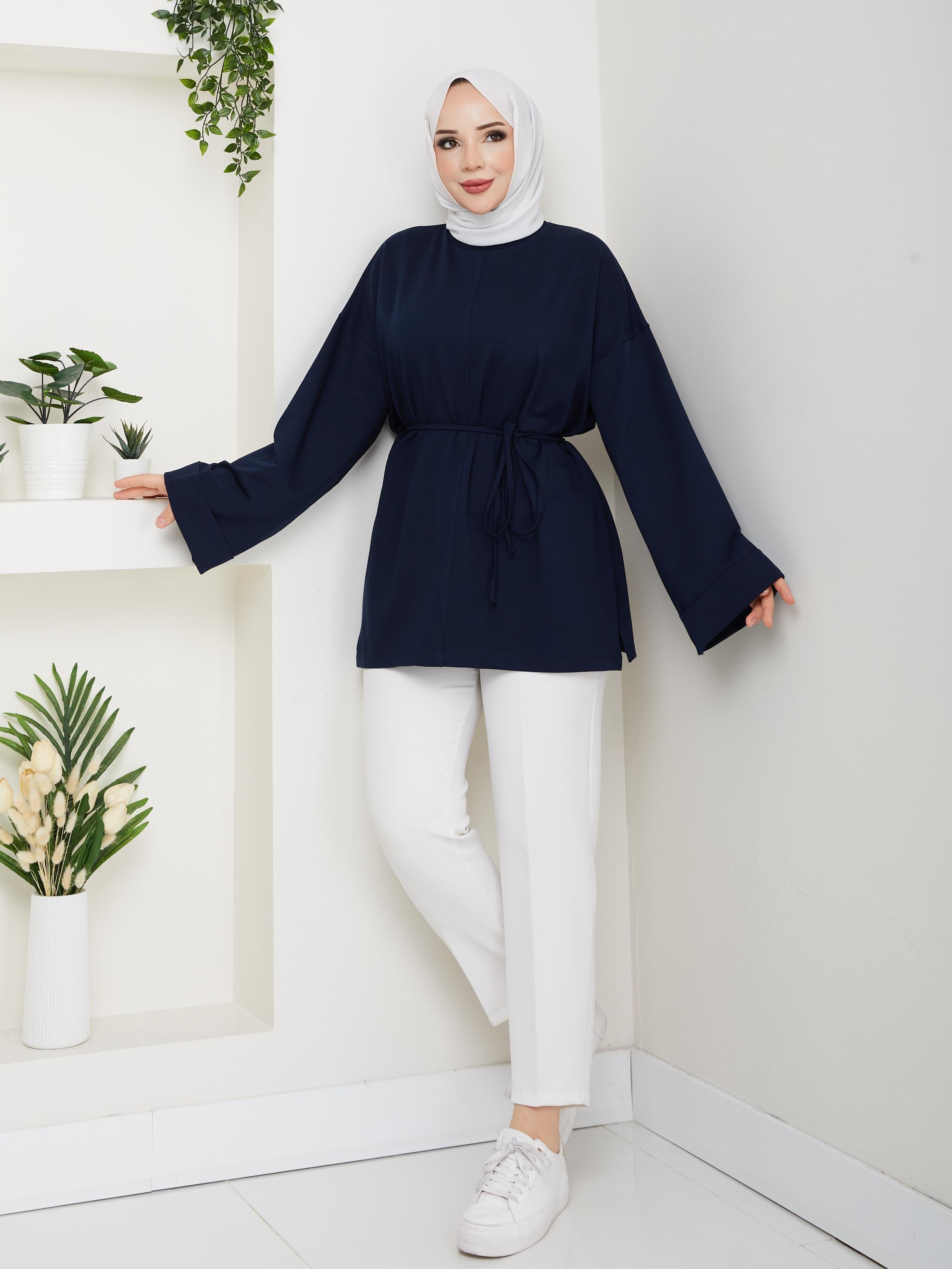 Lina Oversize Sweatshirt Yandan Yırtmaçlı Kuşaklı Model | Lacivert
