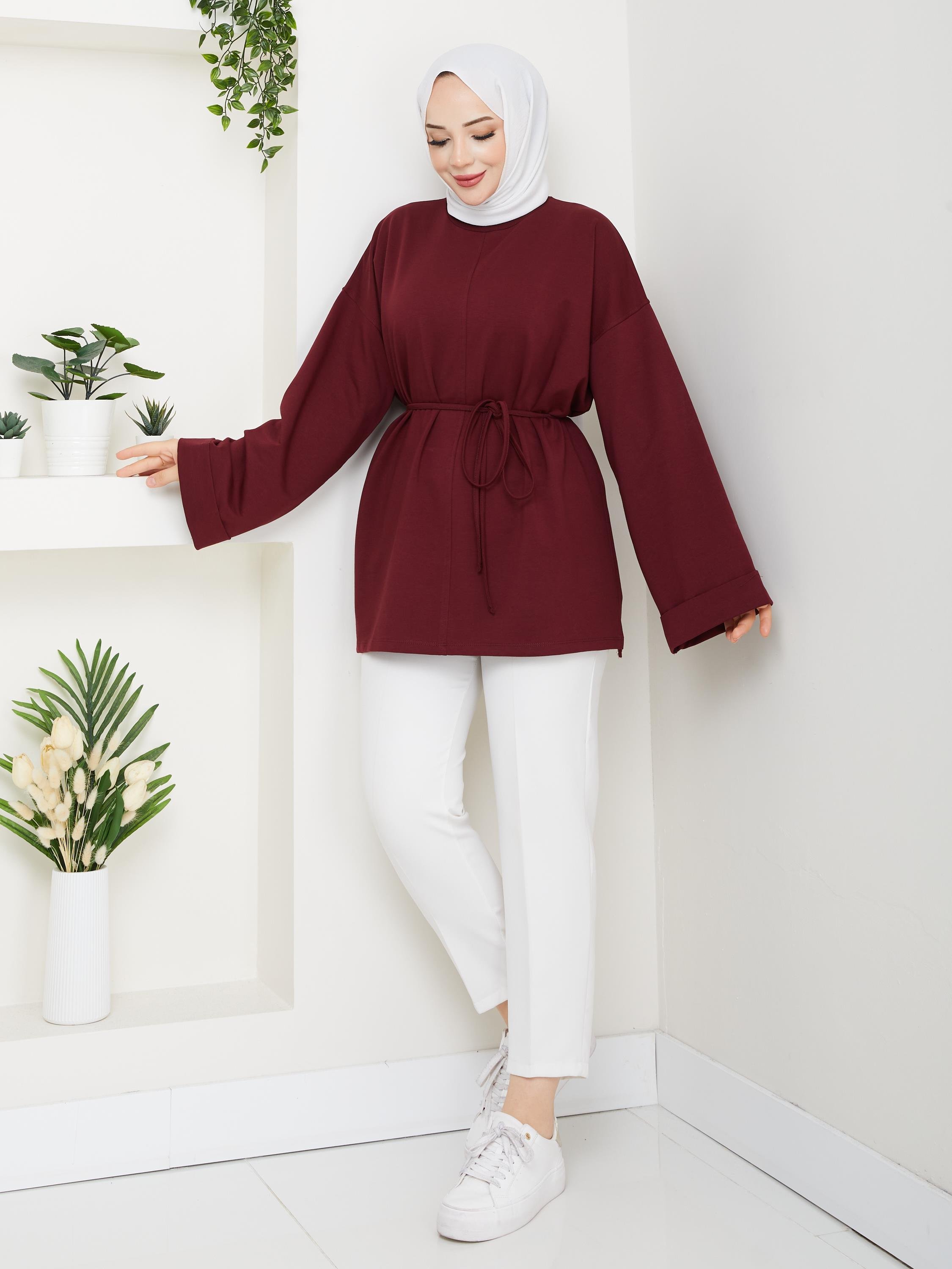Lina Oversize Sweatshirt Yandan Yırtmaçlı Kuşaklı Model | Bordo