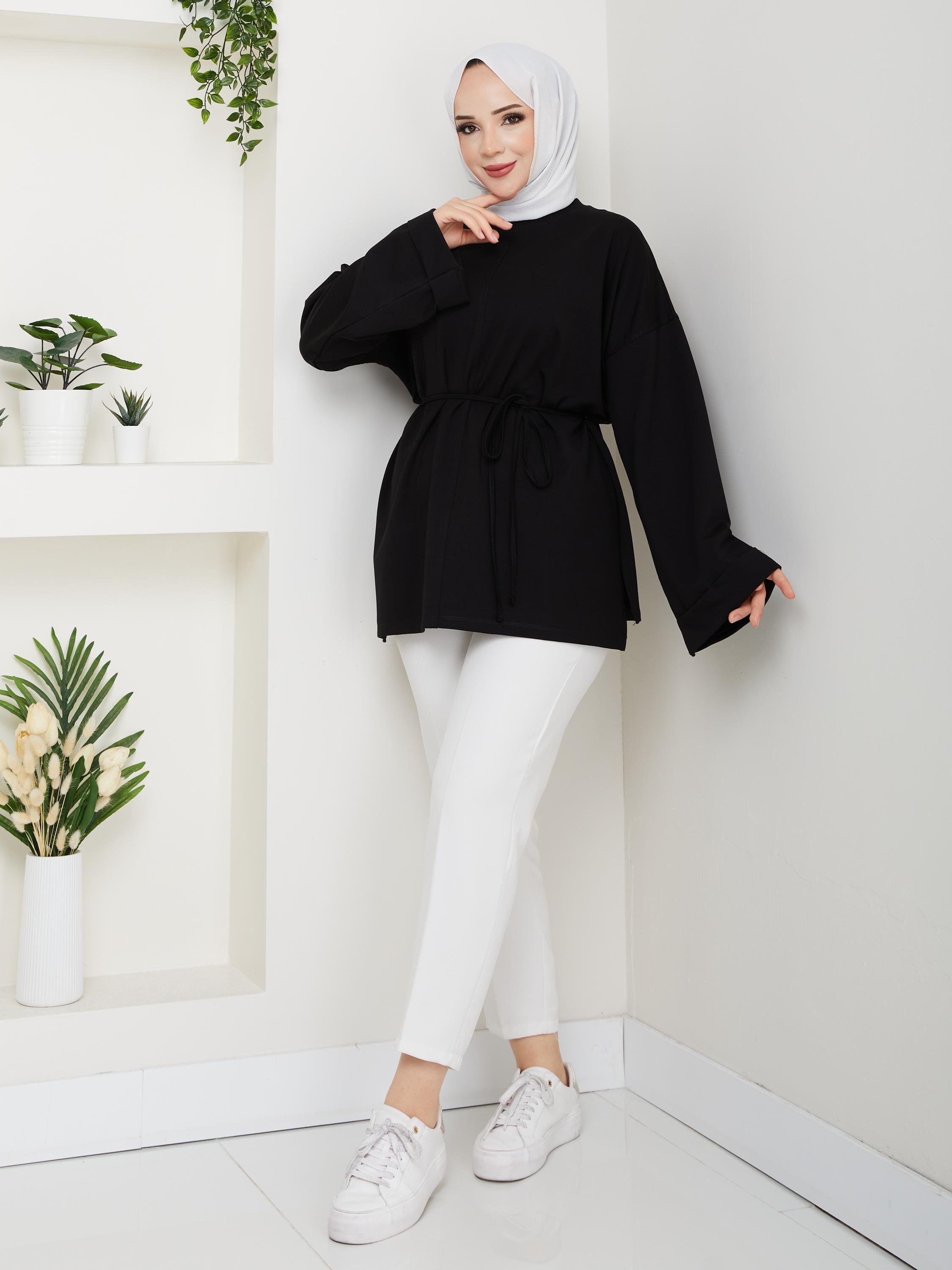 Lina Oversize Sweatshirt Yandan Yırtmaçlı Kuşaklı Model | Siyah